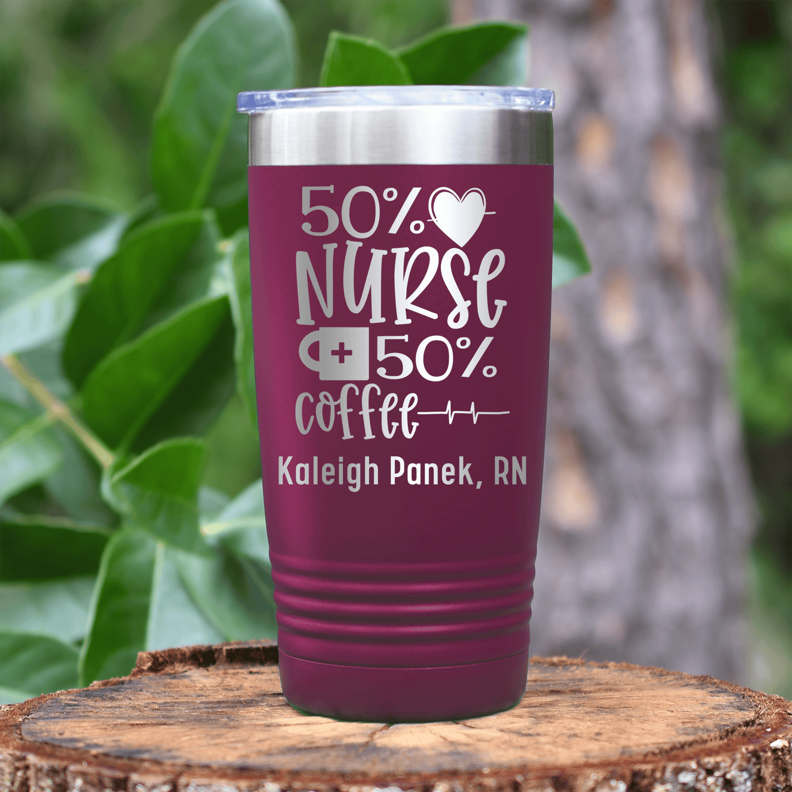Maroon Nurse Tumbler With Fifty Percent Nurse Fifty Percent Coffee Design