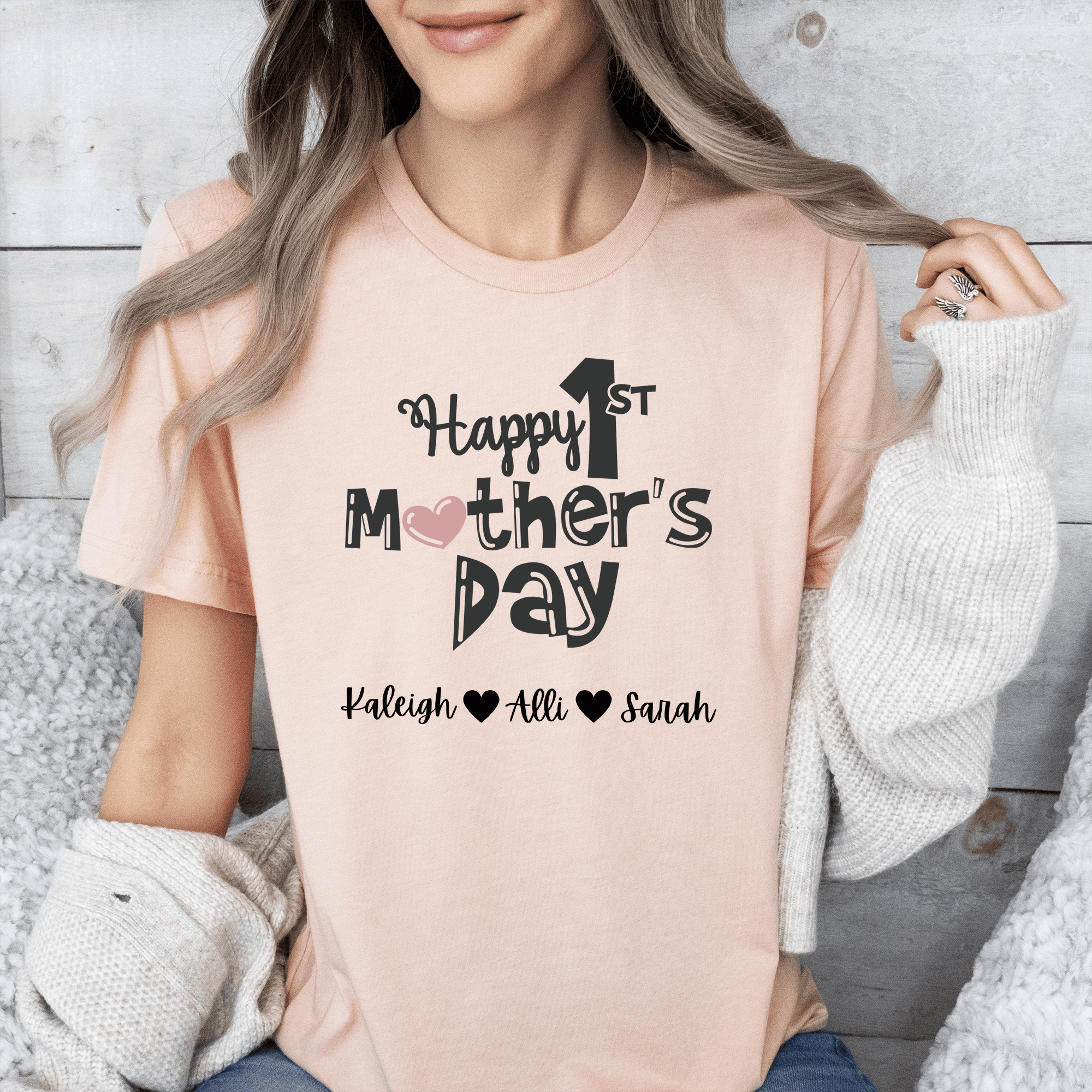 Womens Heather Peach T Shirt with First-Mothers-Day design