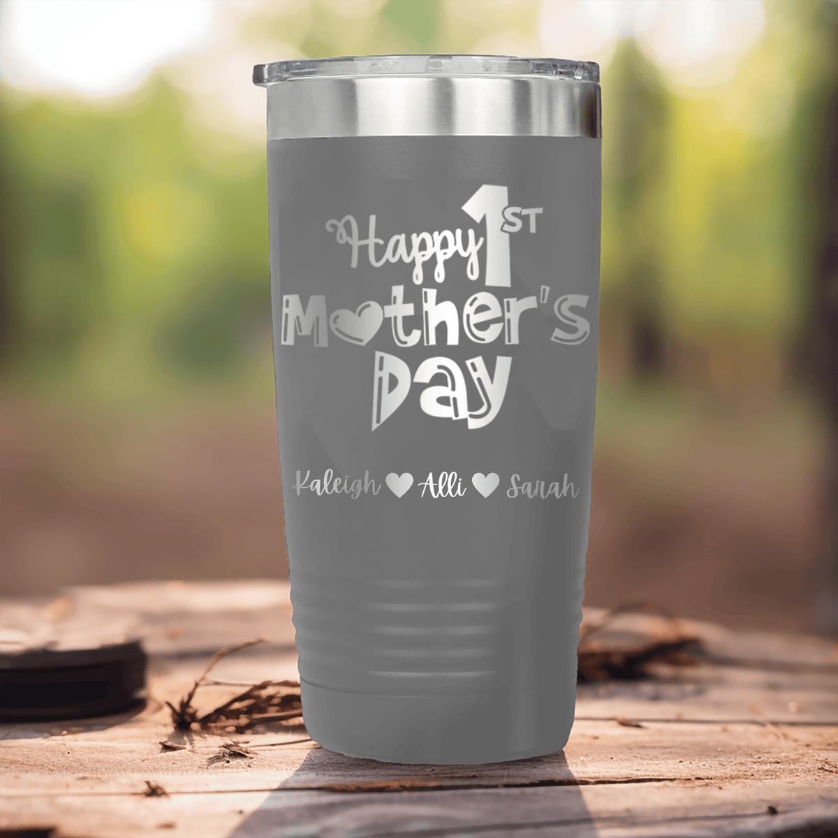 Grey Mothers Day Tumbler With First Mothers Day Design