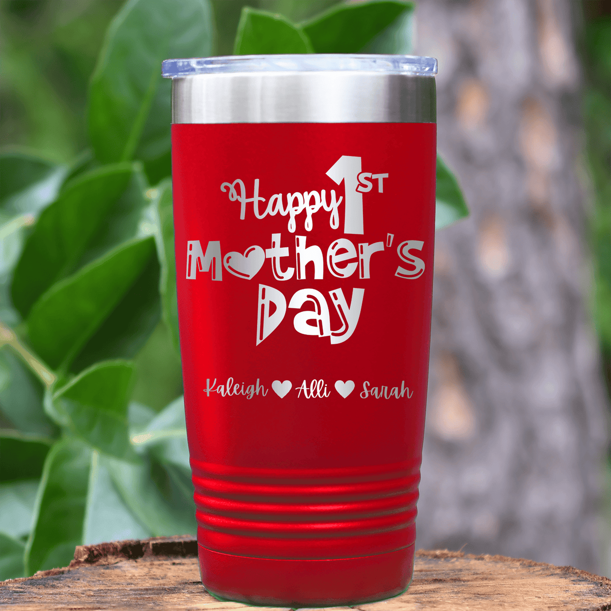 Red Mothers Day Tumbler With First Mothers Day Design