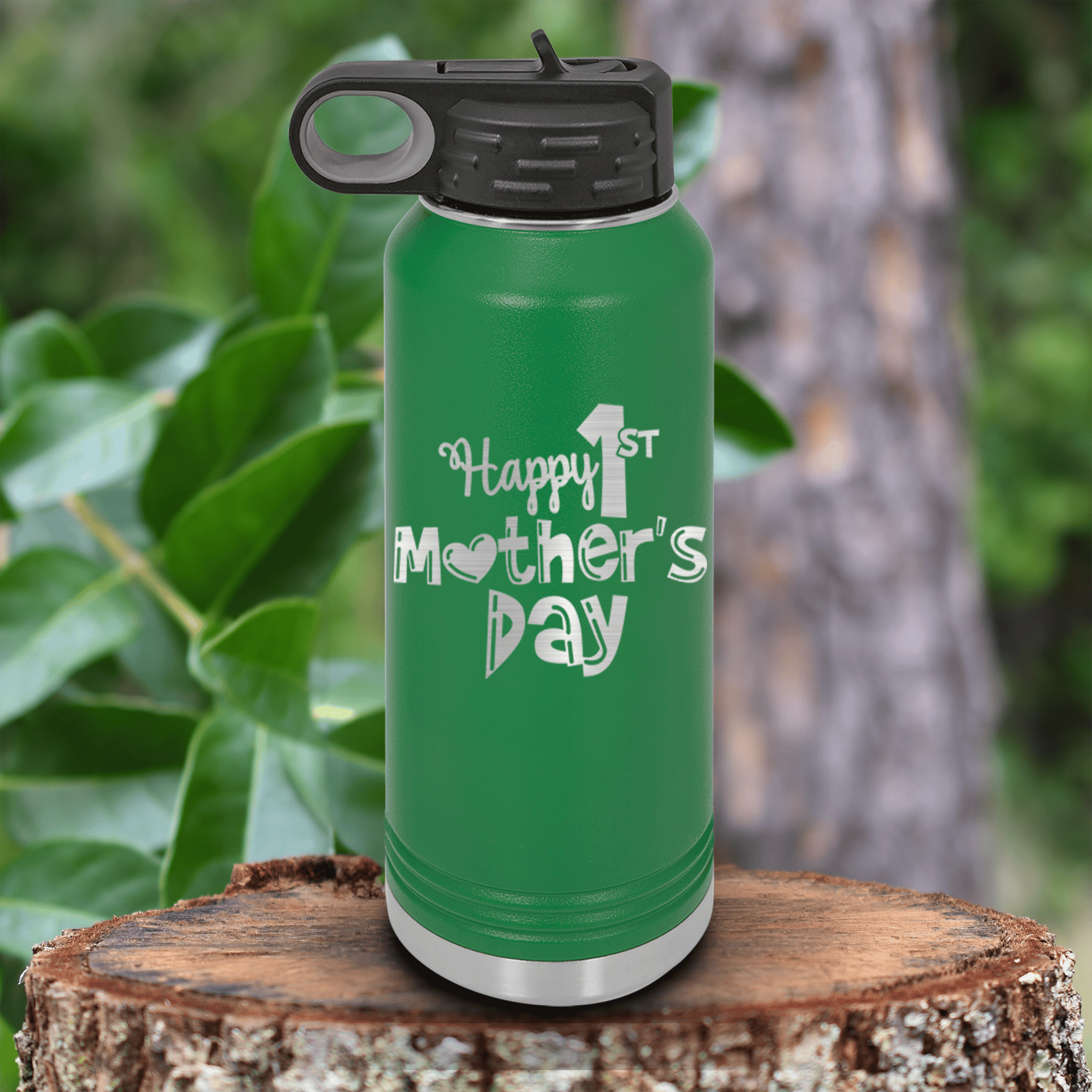 Green Mothers Day Water Bottle With First Mothers Day Design
