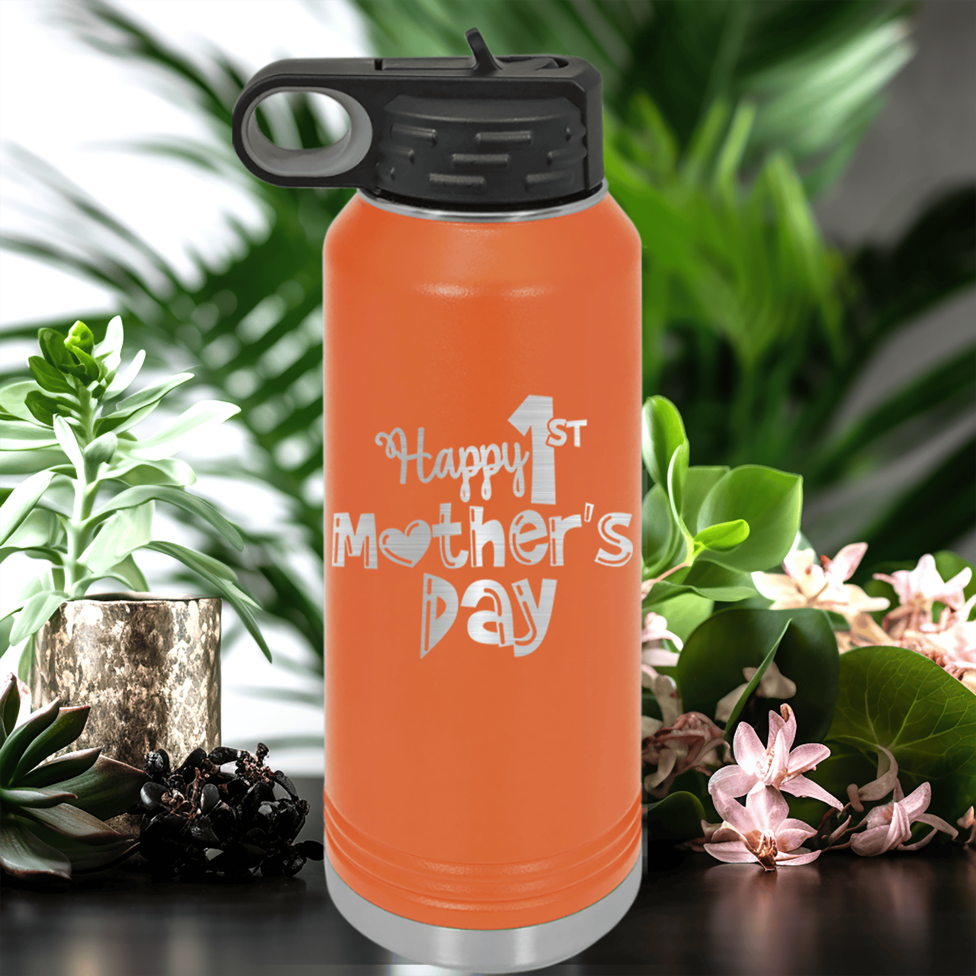 Orange Mothers Day Water Bottle With First Mothers Day Design