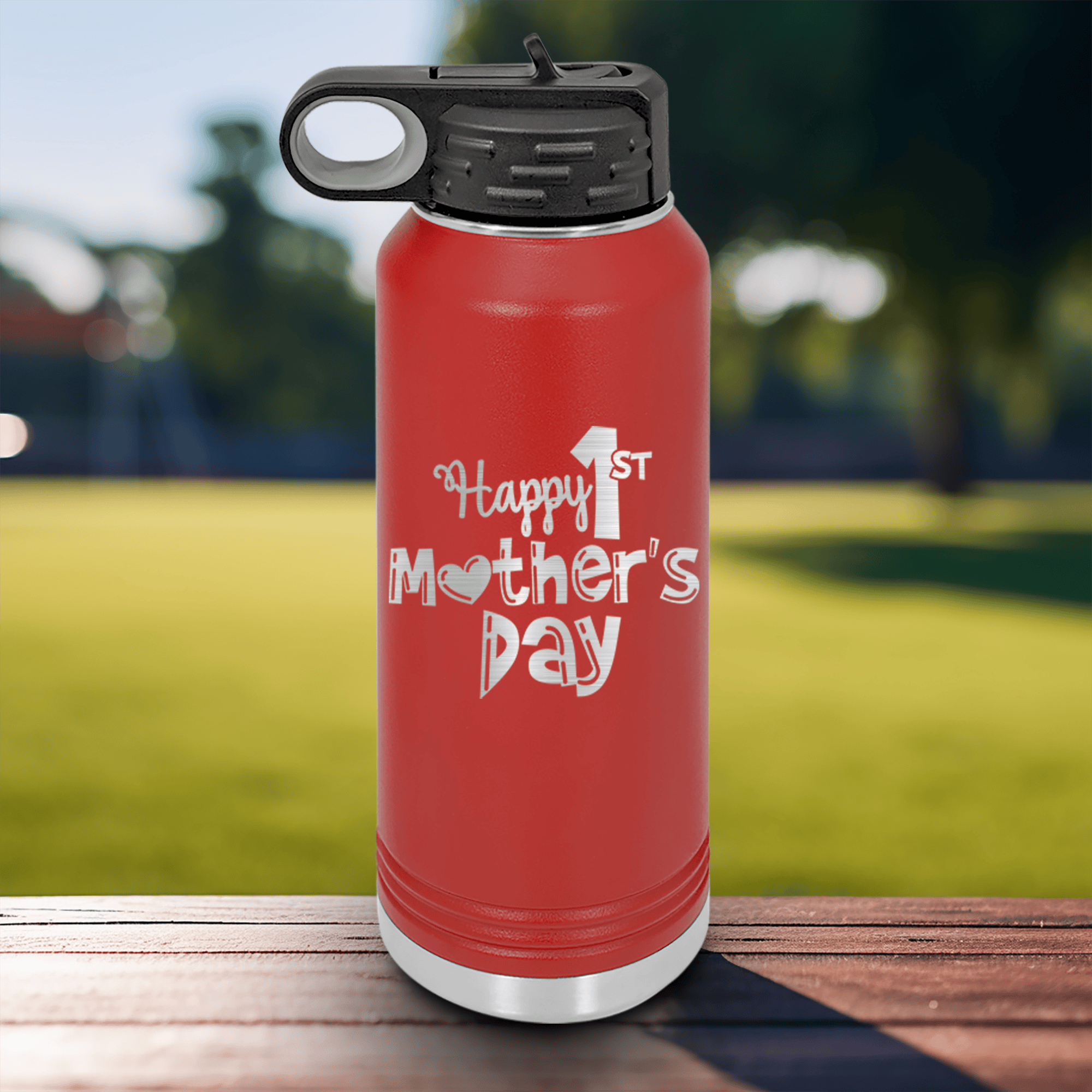 Red Mothers Day Water Bottle With First Mothers Day Design