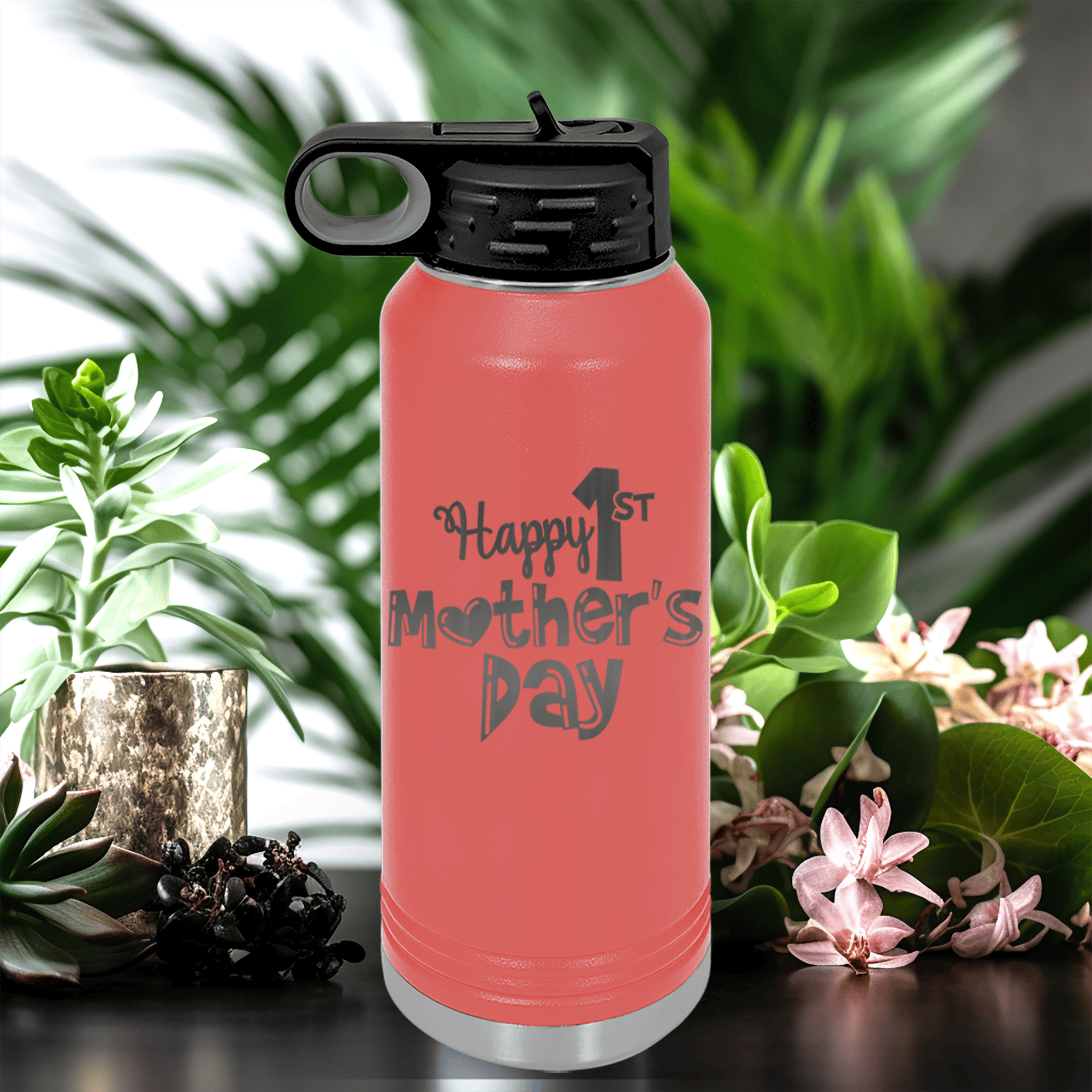 Salmon Mothers Day Water Bottle With First Mothers Day Design