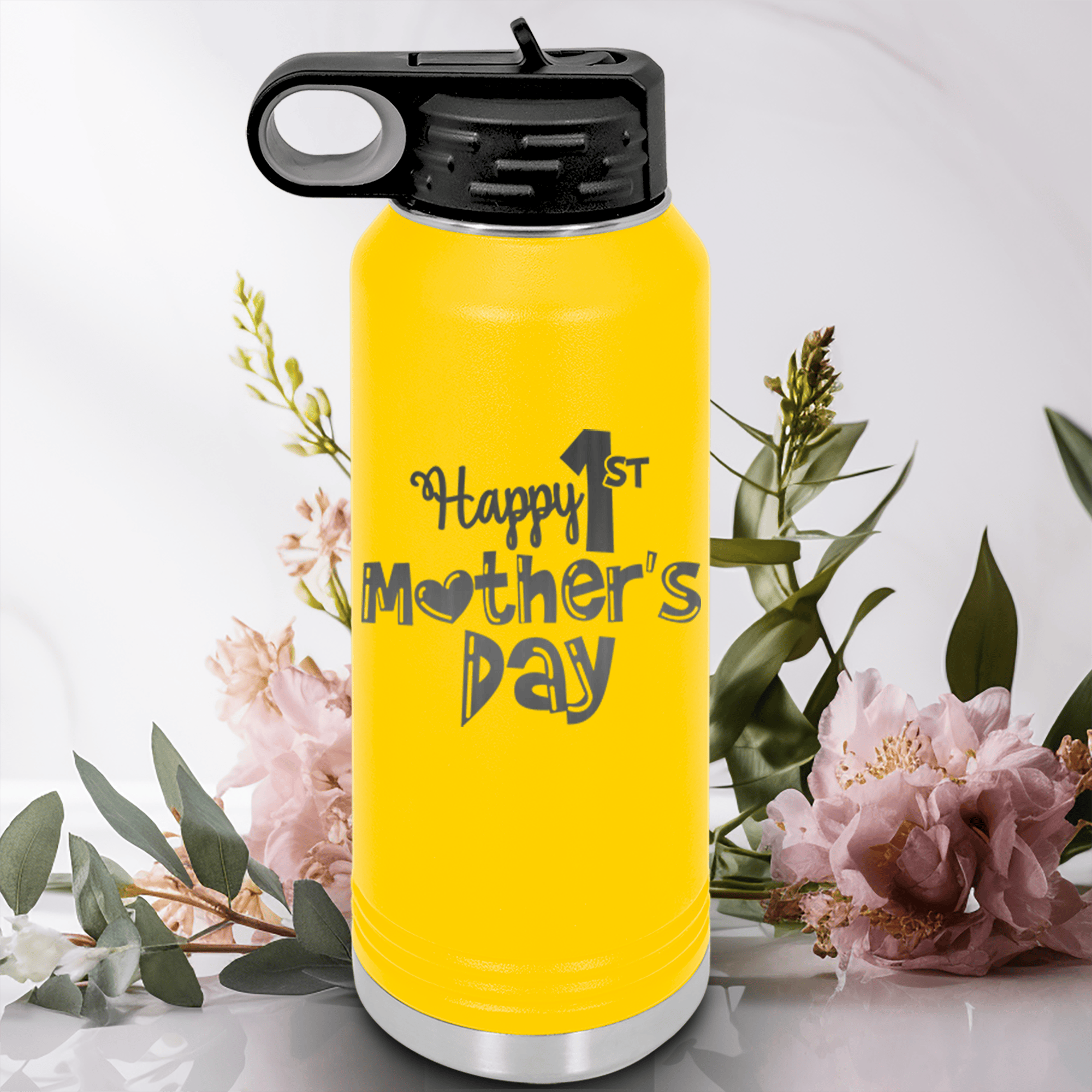 Yellow Mothers Day Water Bottle With First Mothers Day Design