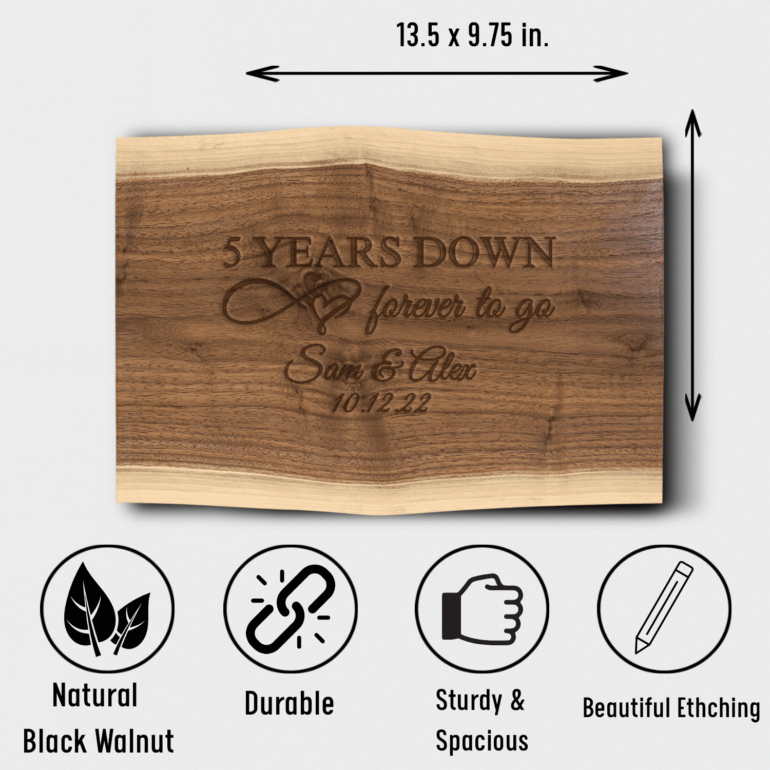 Anniversary Black Walnut Cutting Board With Five Years Down Design