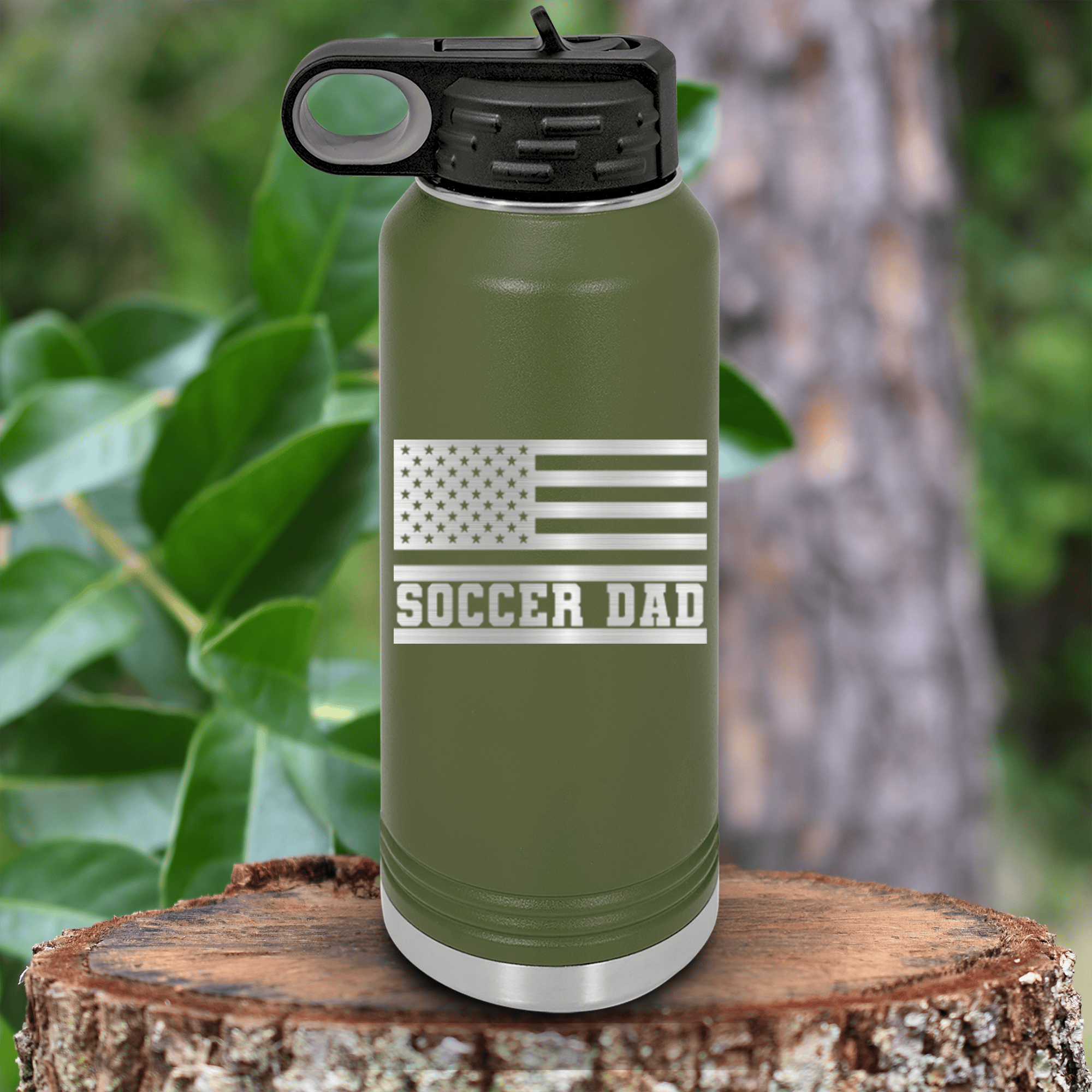 Military Green Soccer Water Bottle With Flag Waving Soccer Enthusiast Design
