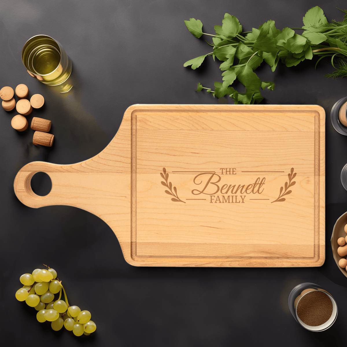 Family Name Maple Paddle Cutting Board With Flourishing Family Design