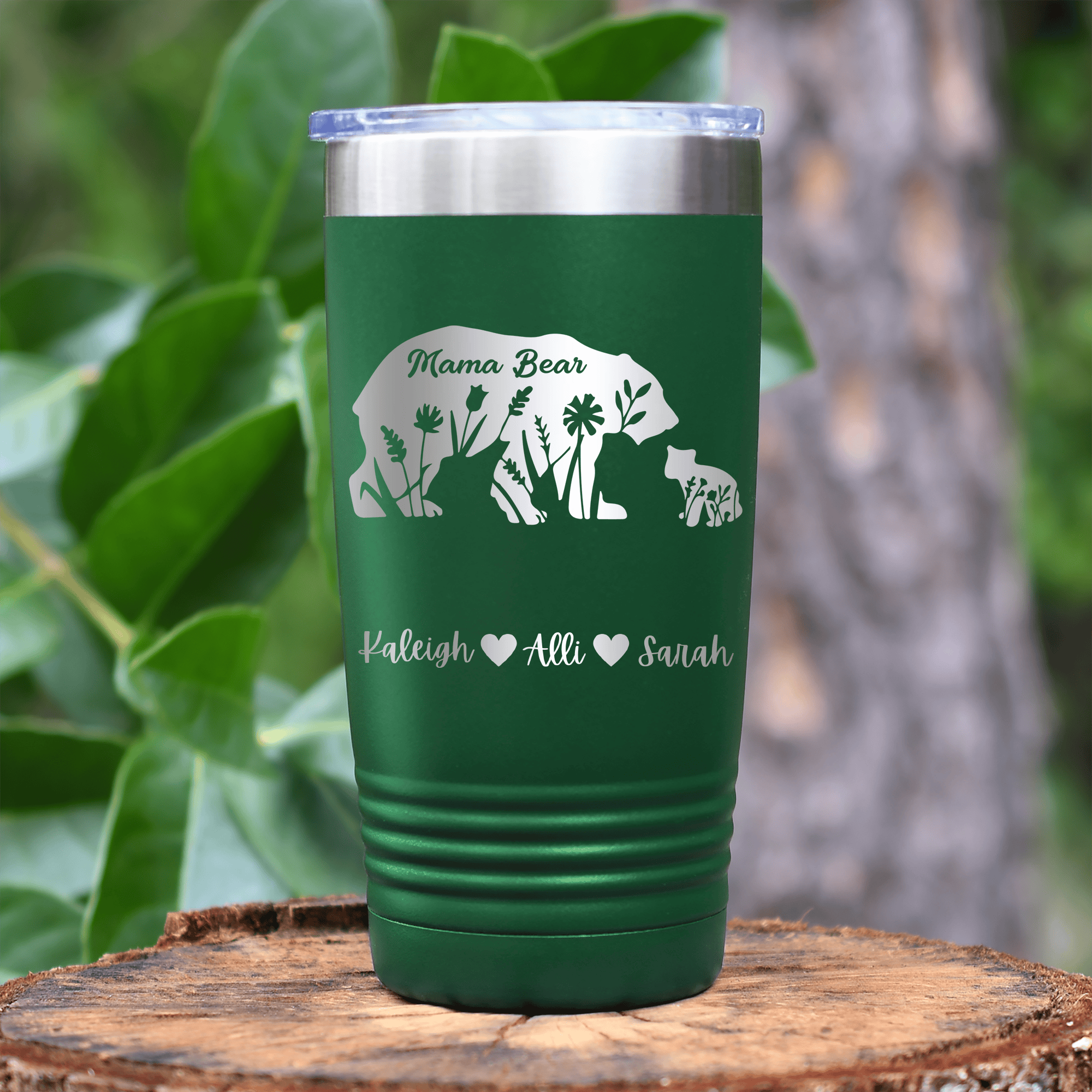 Green Mothers Day Tumbler With Flower Mama Bear Design