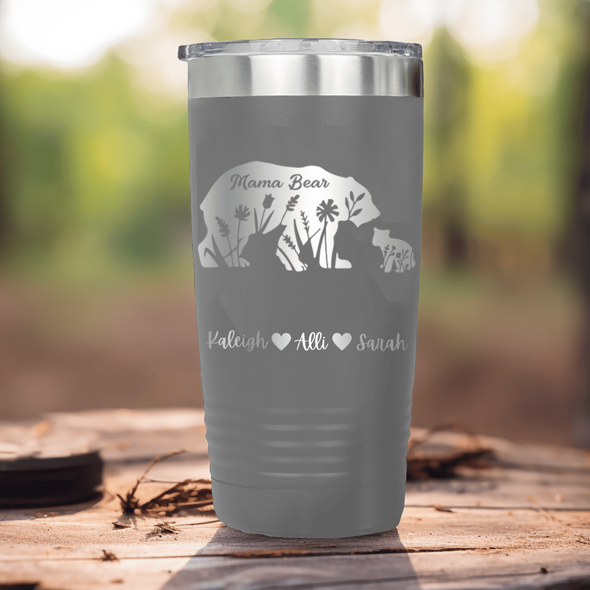 Grey Mothers Day Tumbler With Flower Mama Bear Design