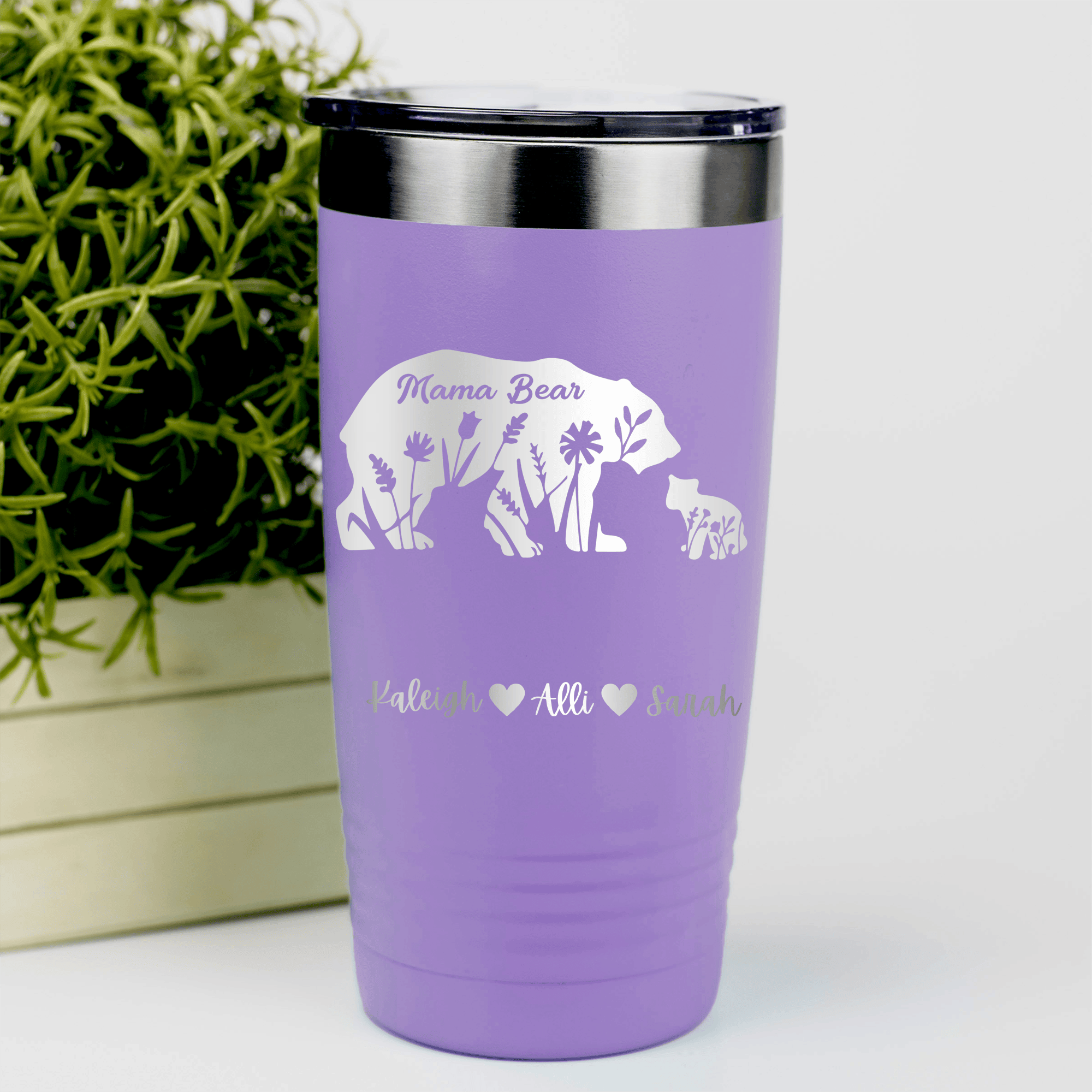 Light Purple Mothers Day Tumbler With Flower Mama Bear Design