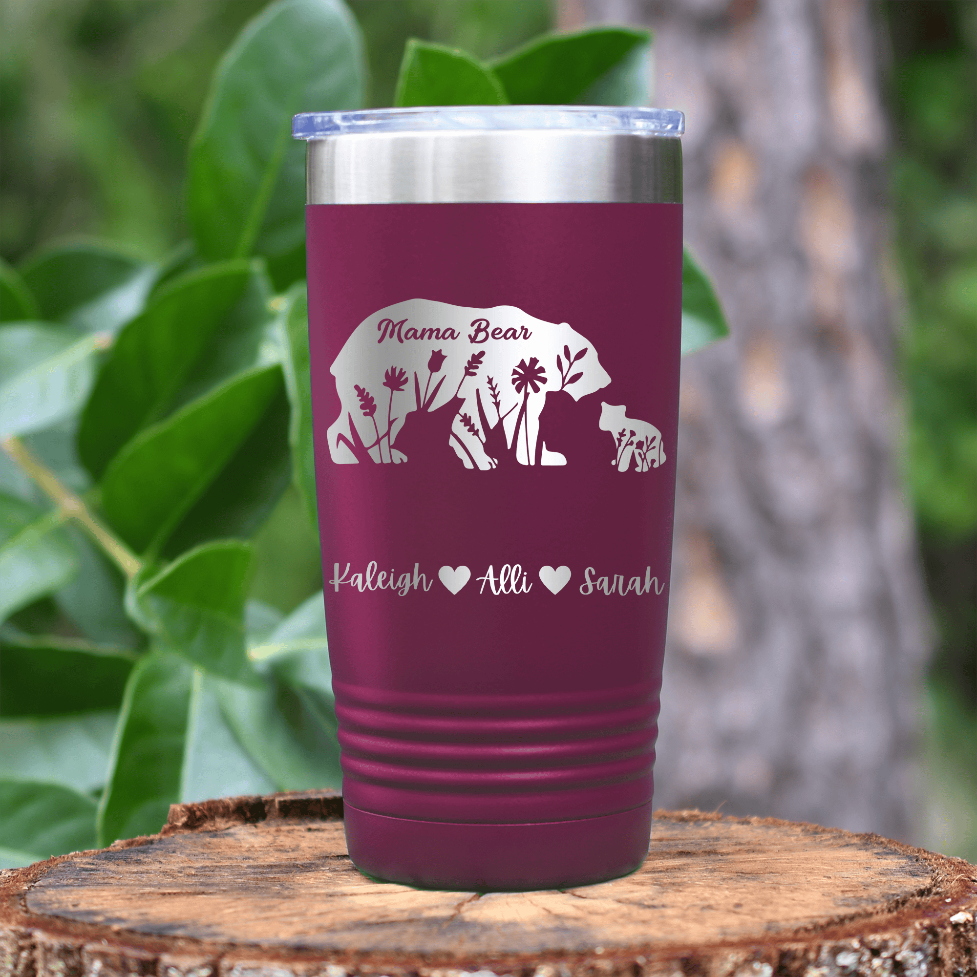 Maroon Mothers Day Tumbler With Flower Mama Bear Design