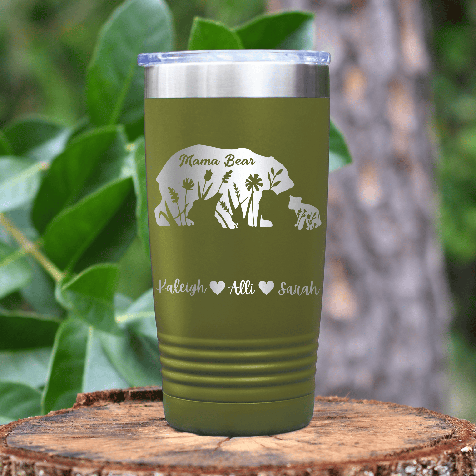 Military Green Mothers Day Tumbler With Flower Mama Bear Design