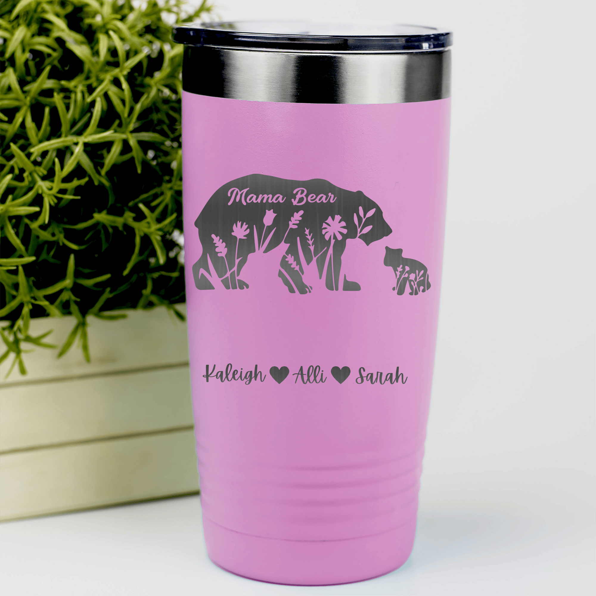 Pink Mothers Day Tumbler With Flower Mama Bear Design