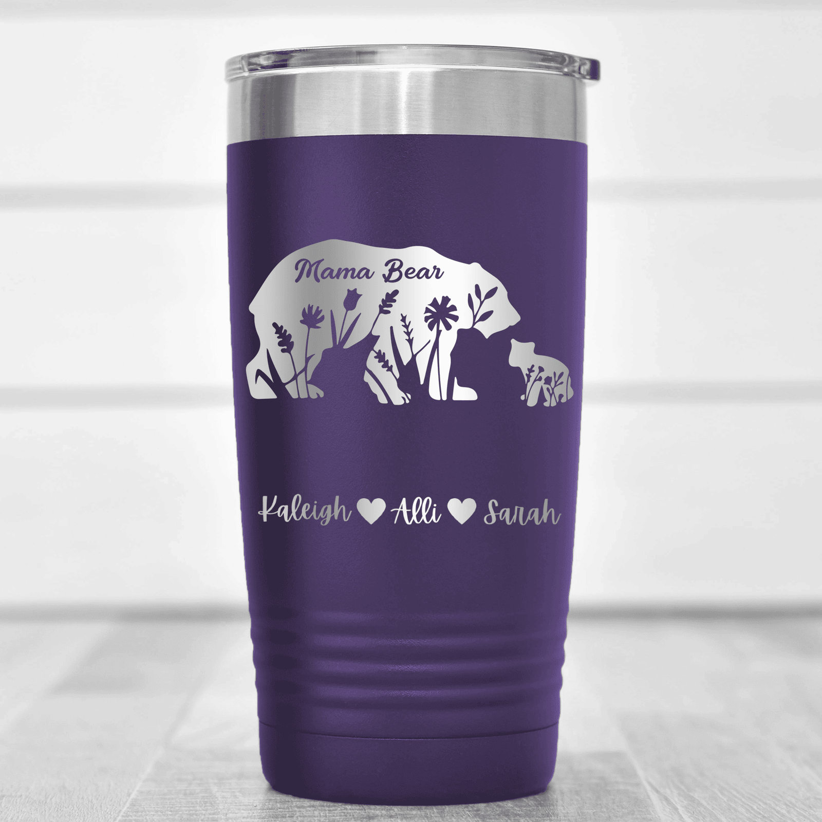 Purple Mothers Day Tumbler With Flower Mama Bear Design