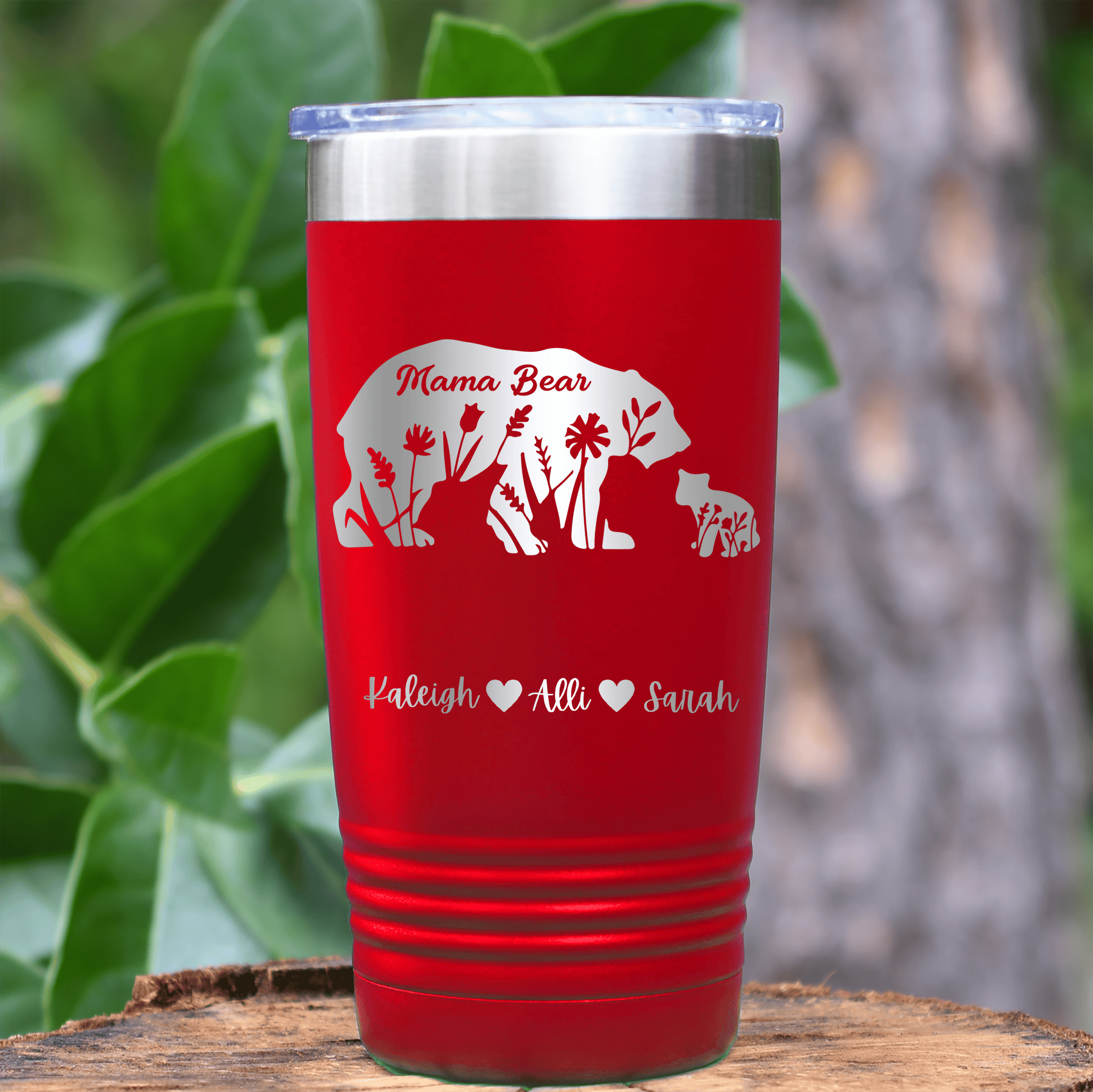 Red Mothers Day Tumbler With Flower Mama Bear Design