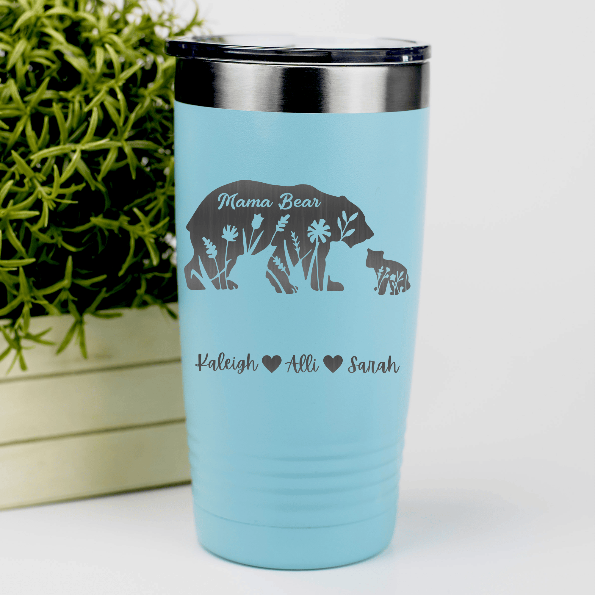 Teal Mothers Day Tumbler With Flower Mama Bear Design