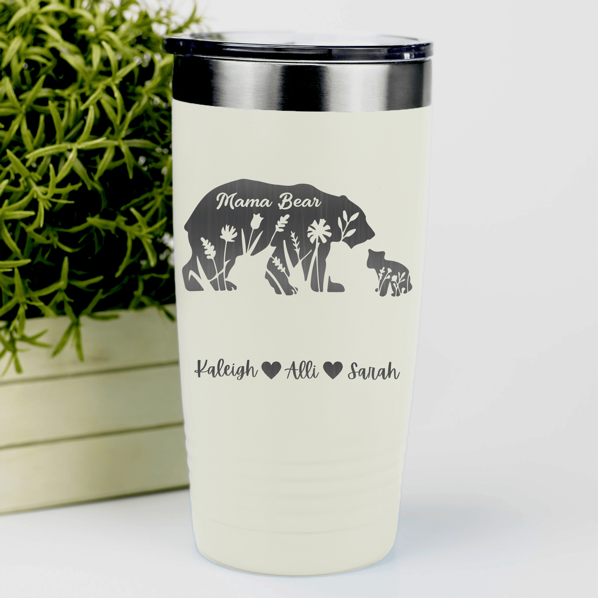 White Mothers Day Tumbler With Flower Mama Bear Design