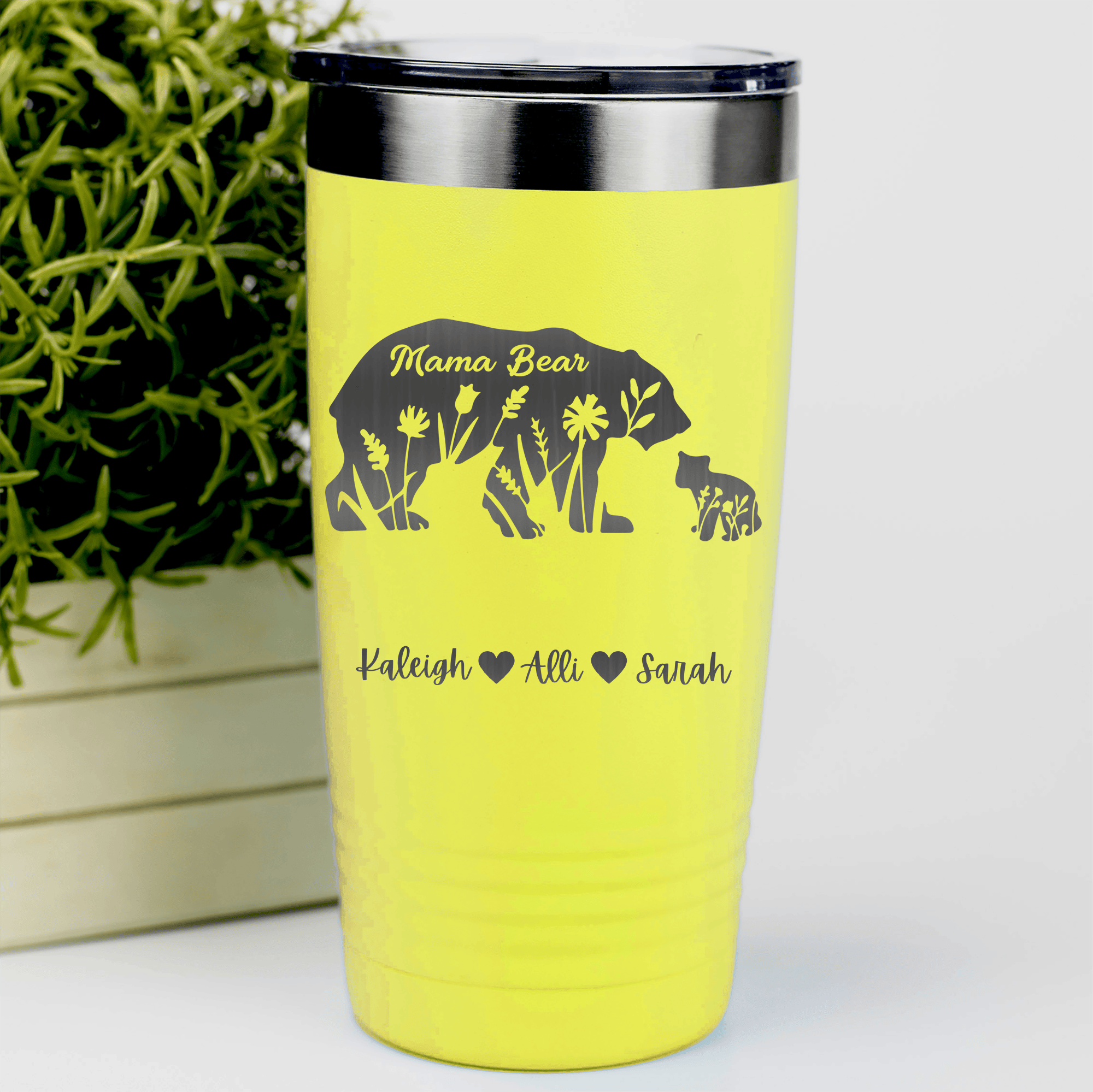 Yellow Mothers Day Tumbler With Flower Mama Bear Design