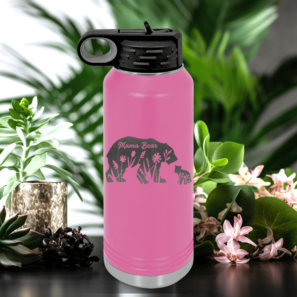 Pink Mothers Day Water Bottle With Flower Mama Bear Design