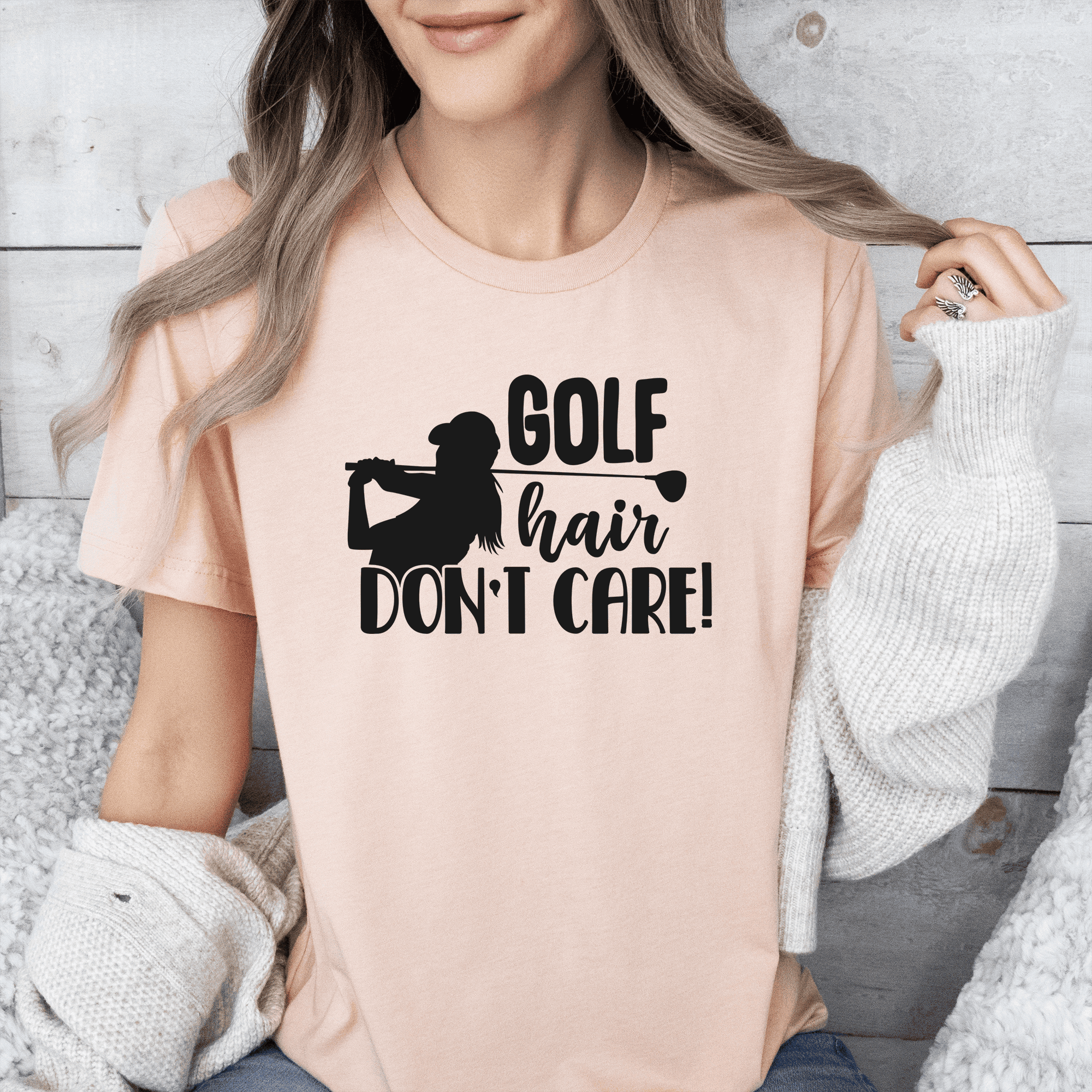 Womens Heather Peach T Shirt with Golf-Hair-Dont-Care design