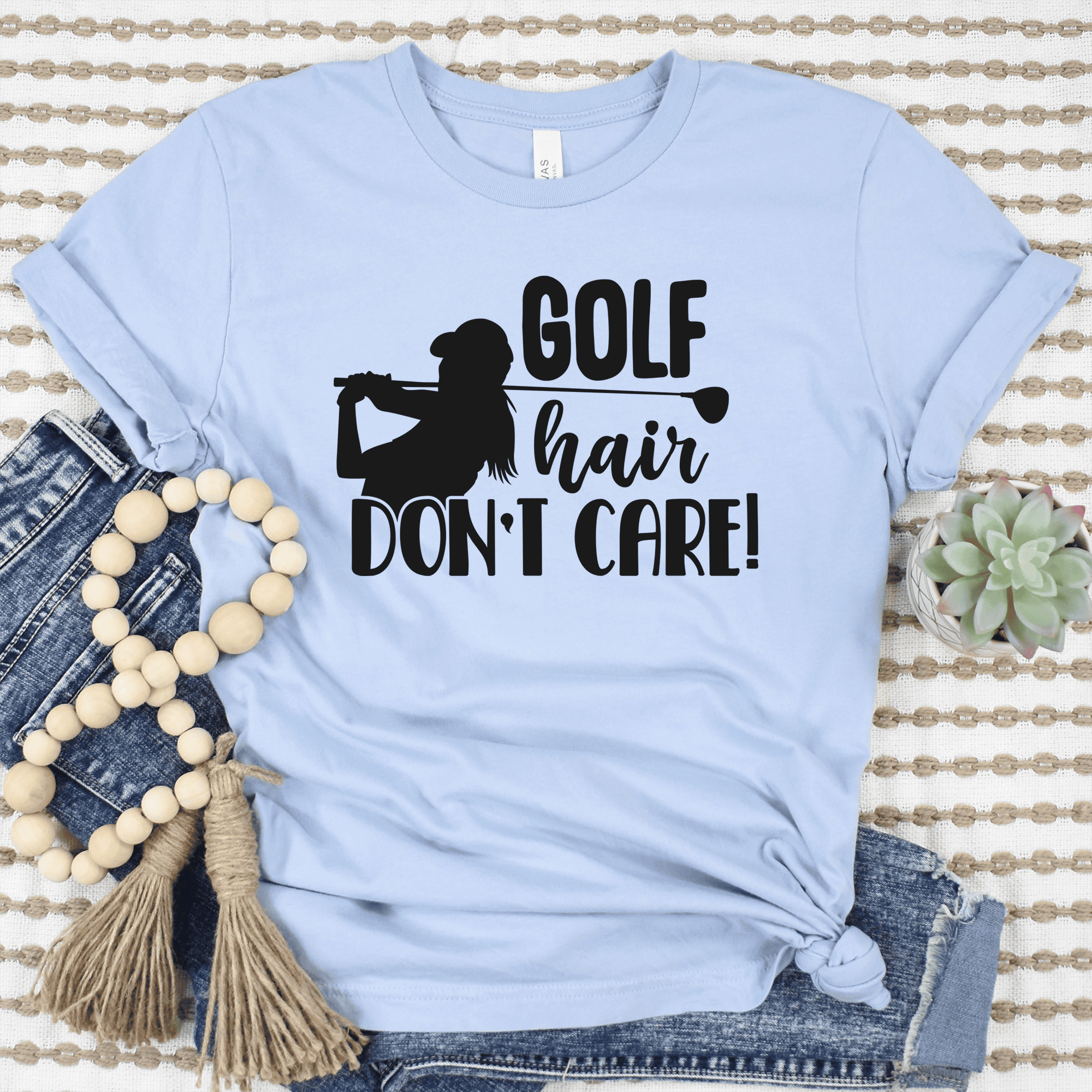 Womens Light Blue T Shirt with Golf-Hair-Dont-Care design