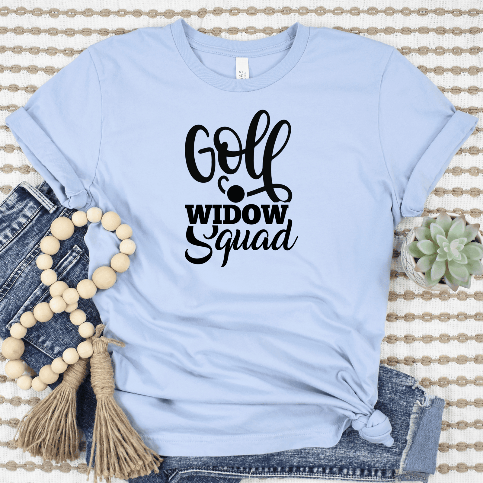 Womens Light Blue T Shirt with Golf-Widow-Squad design