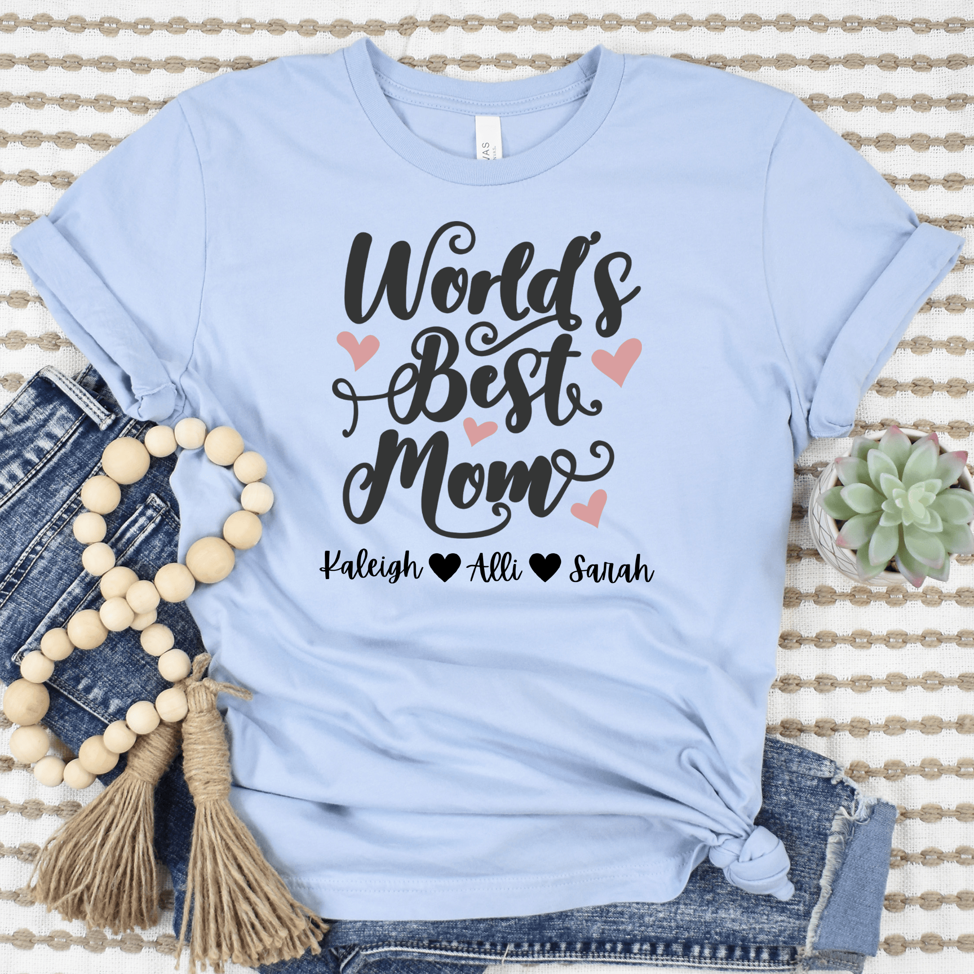 Womens Light Blue T Shirt with Greatest-Mom-In-The-World design