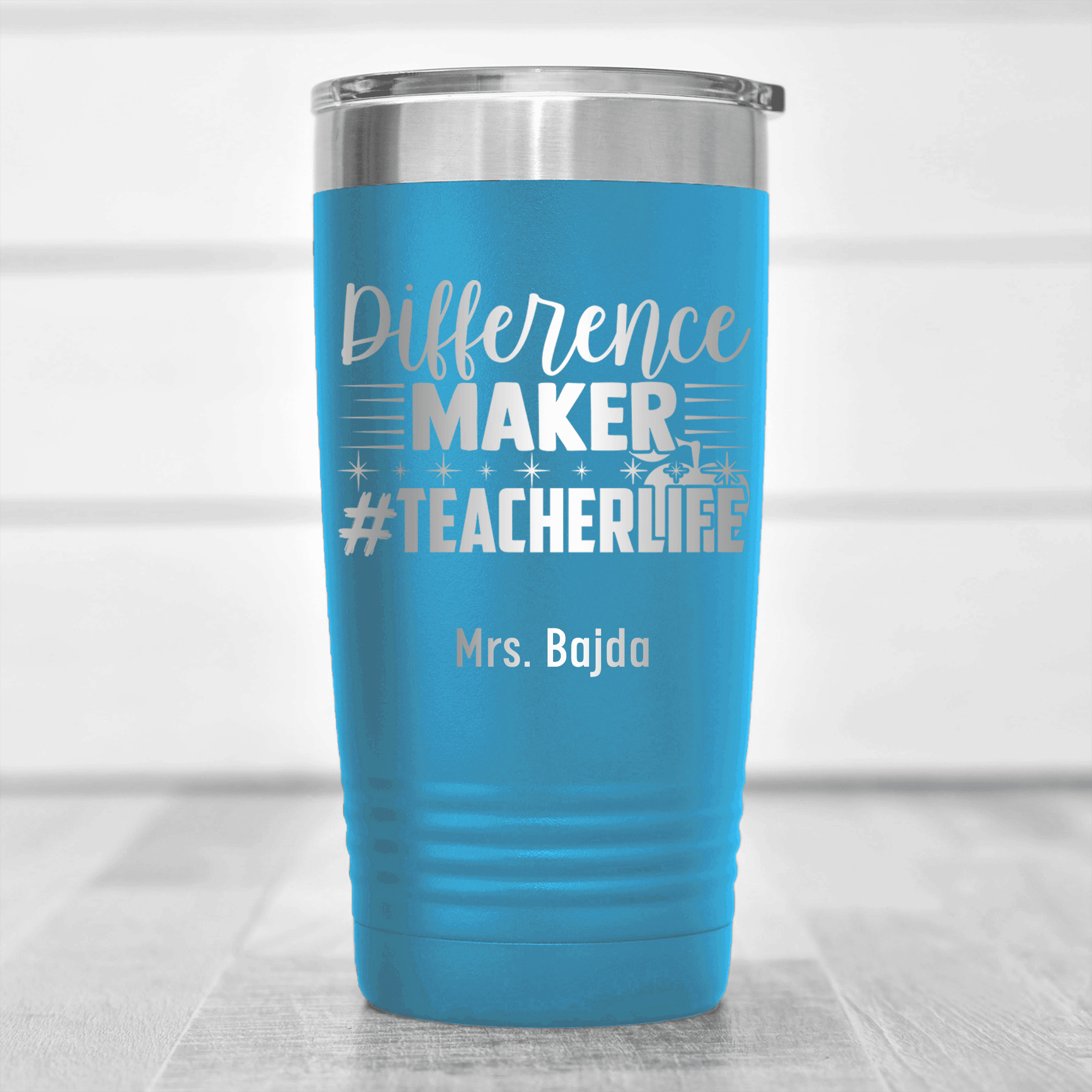Light Blue Teacher Tumbler With Hashtag Teachervibes Design