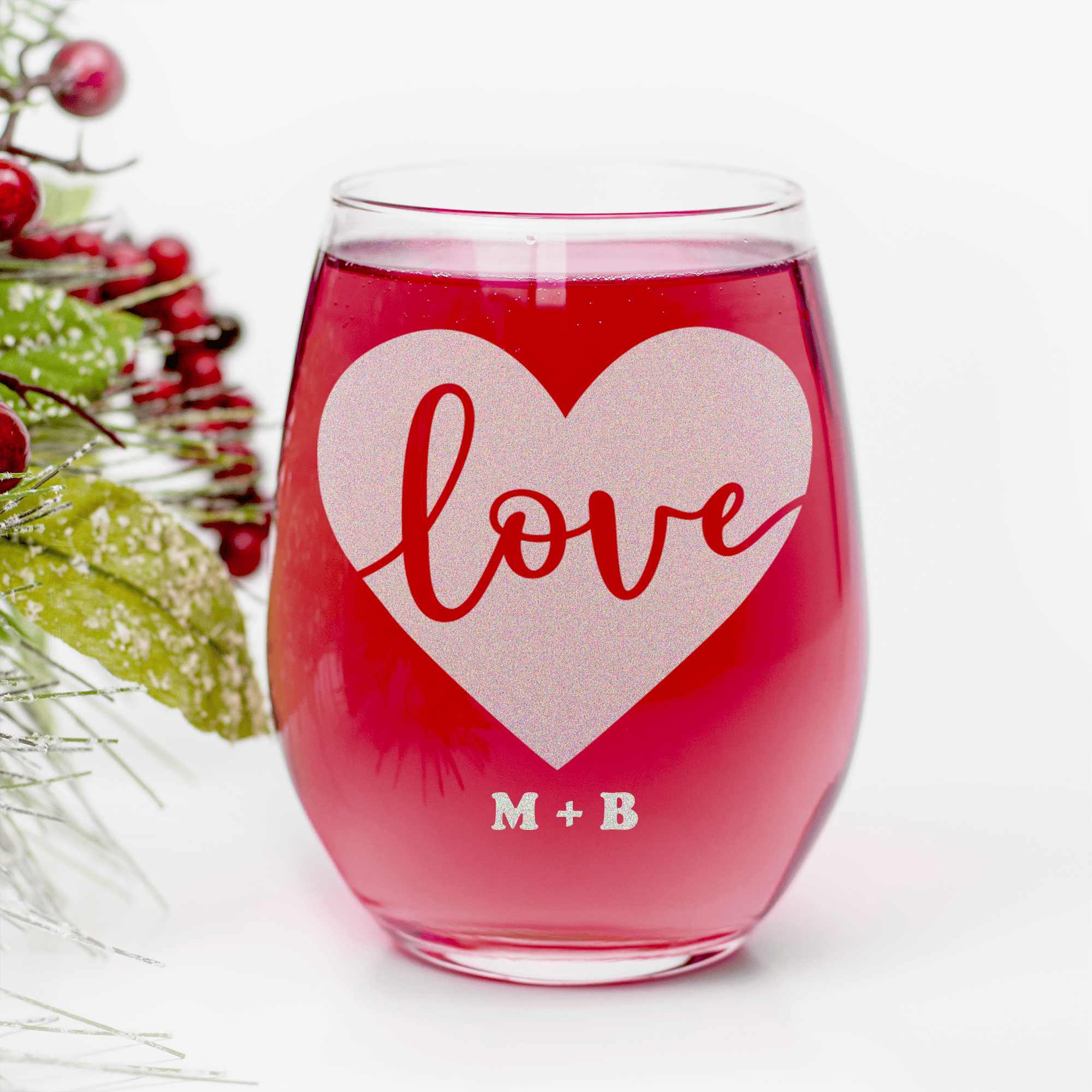 Heart Carved Love Stemless Wine Glass