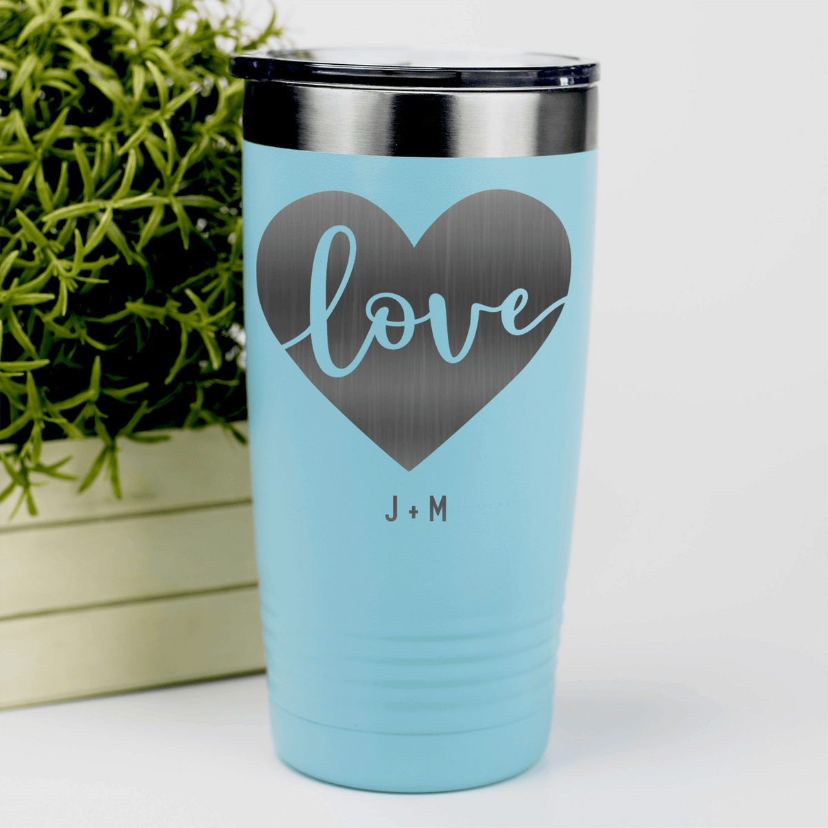 Teal Valentines Day Tumbler With Heart Carved Love Design