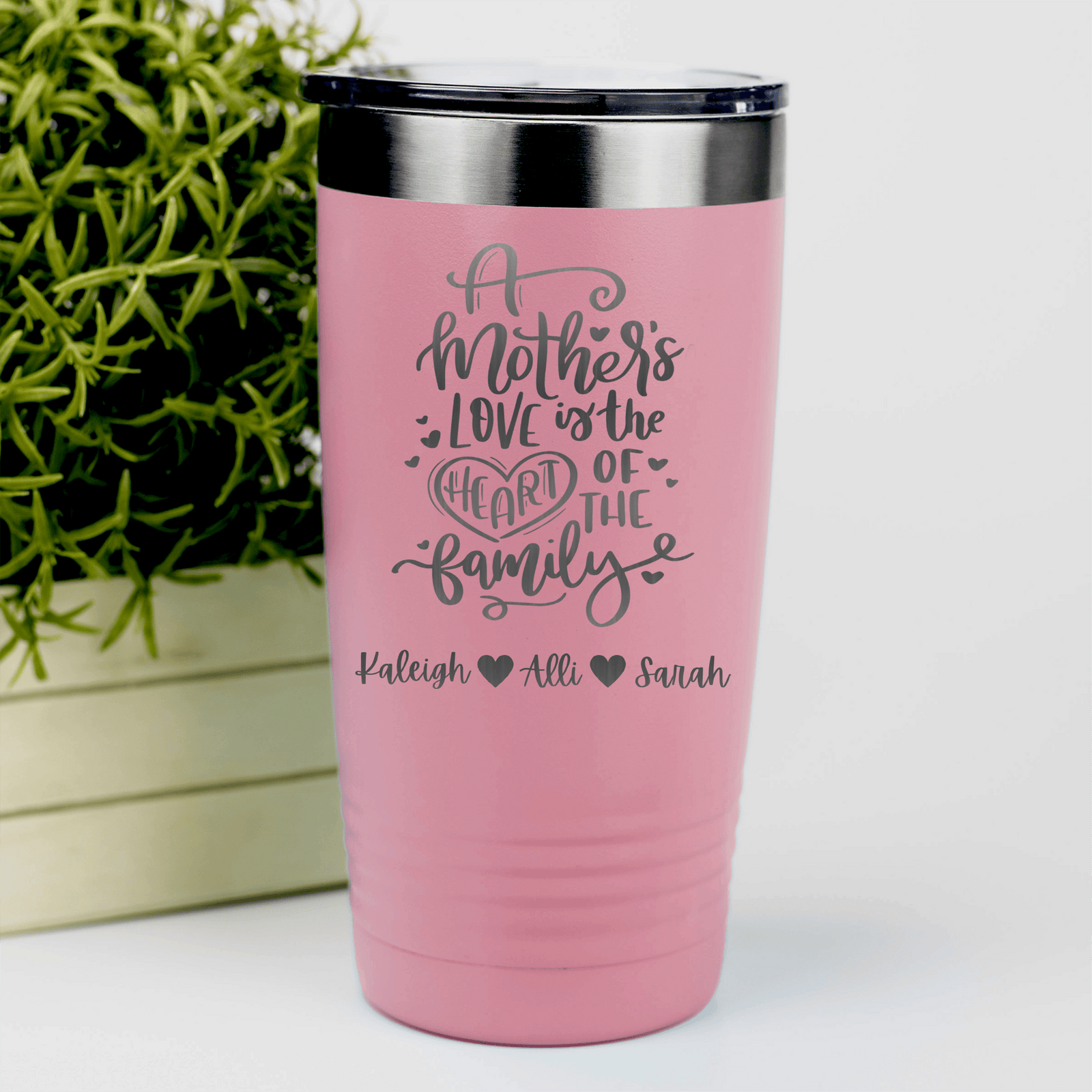 Salmon Mothers Day Tumbler With Heart Of The Family Design
