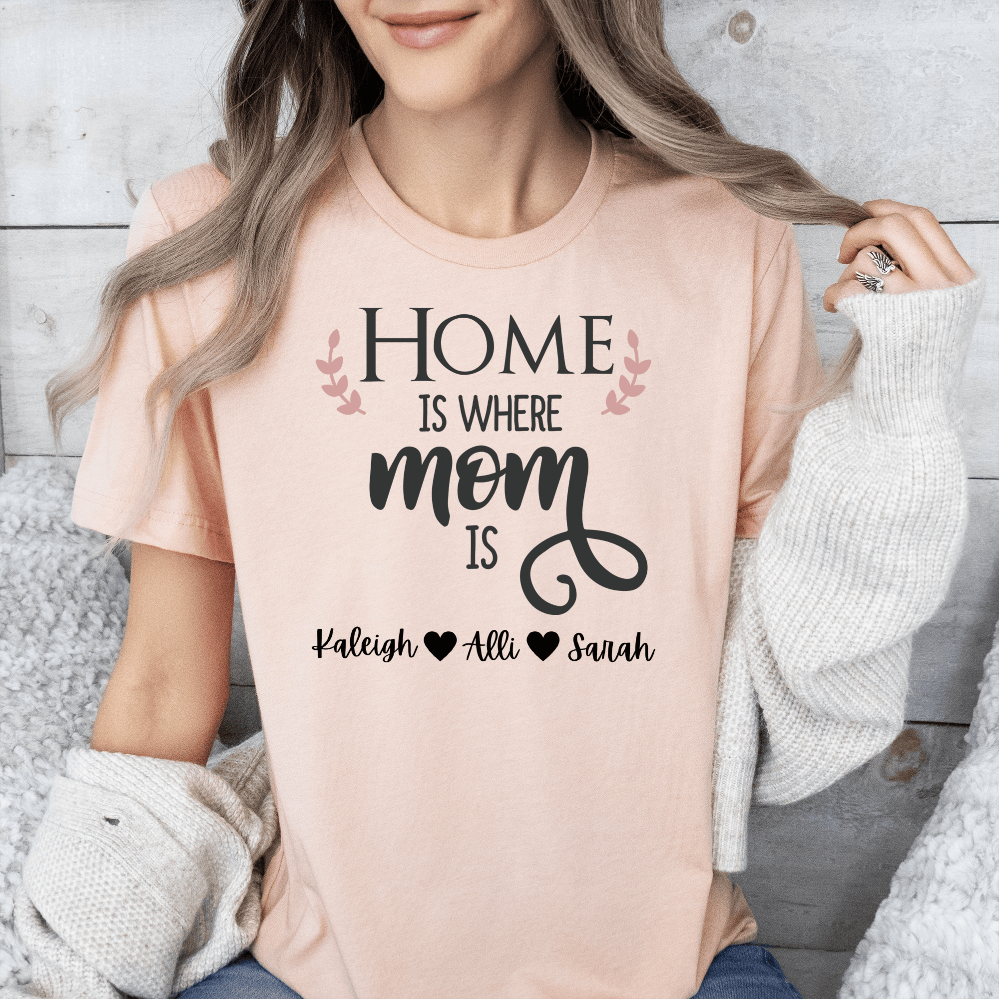 Womens Heather Peach T Shirt with Home-Is-Where-Mom-Is design
