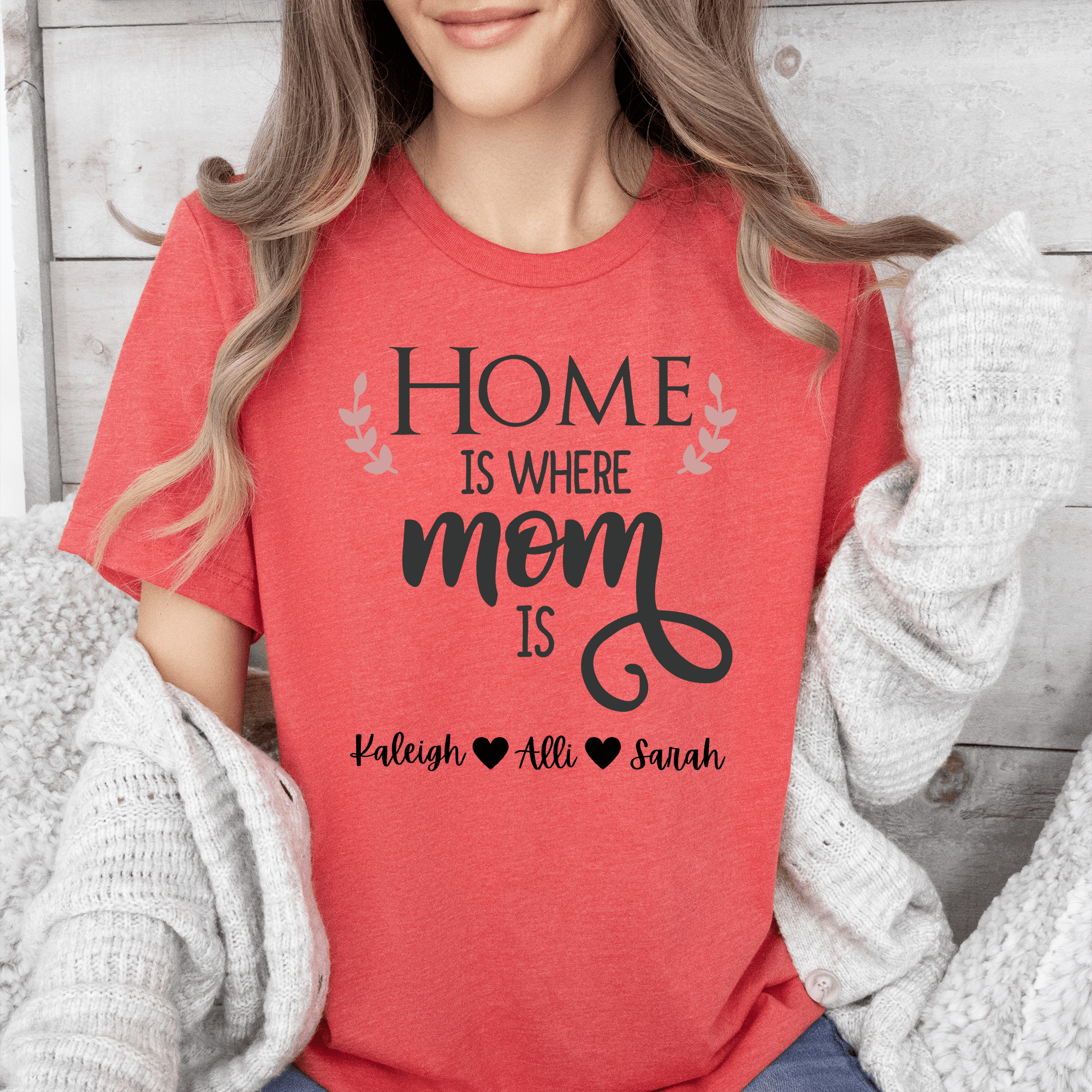 Womens Light Red T Shirt with Home-Is-Where-Mom-Is design