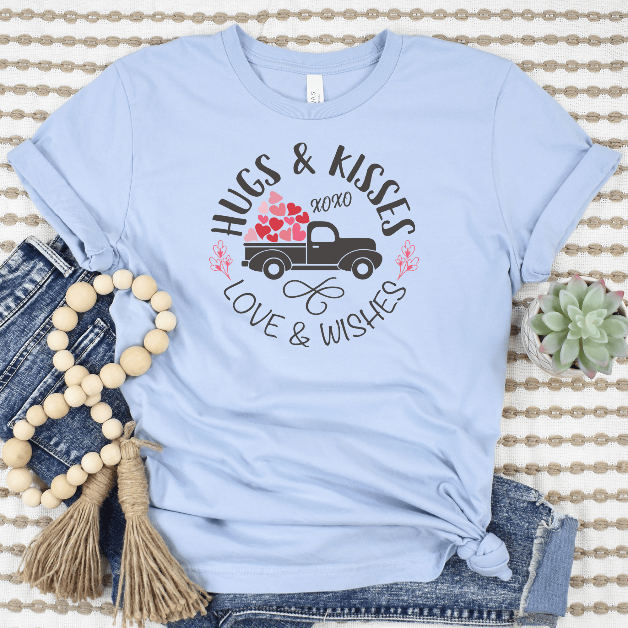 Light Blue Womens T-Shirt With Hugs Kisses Lovers Wishses Design