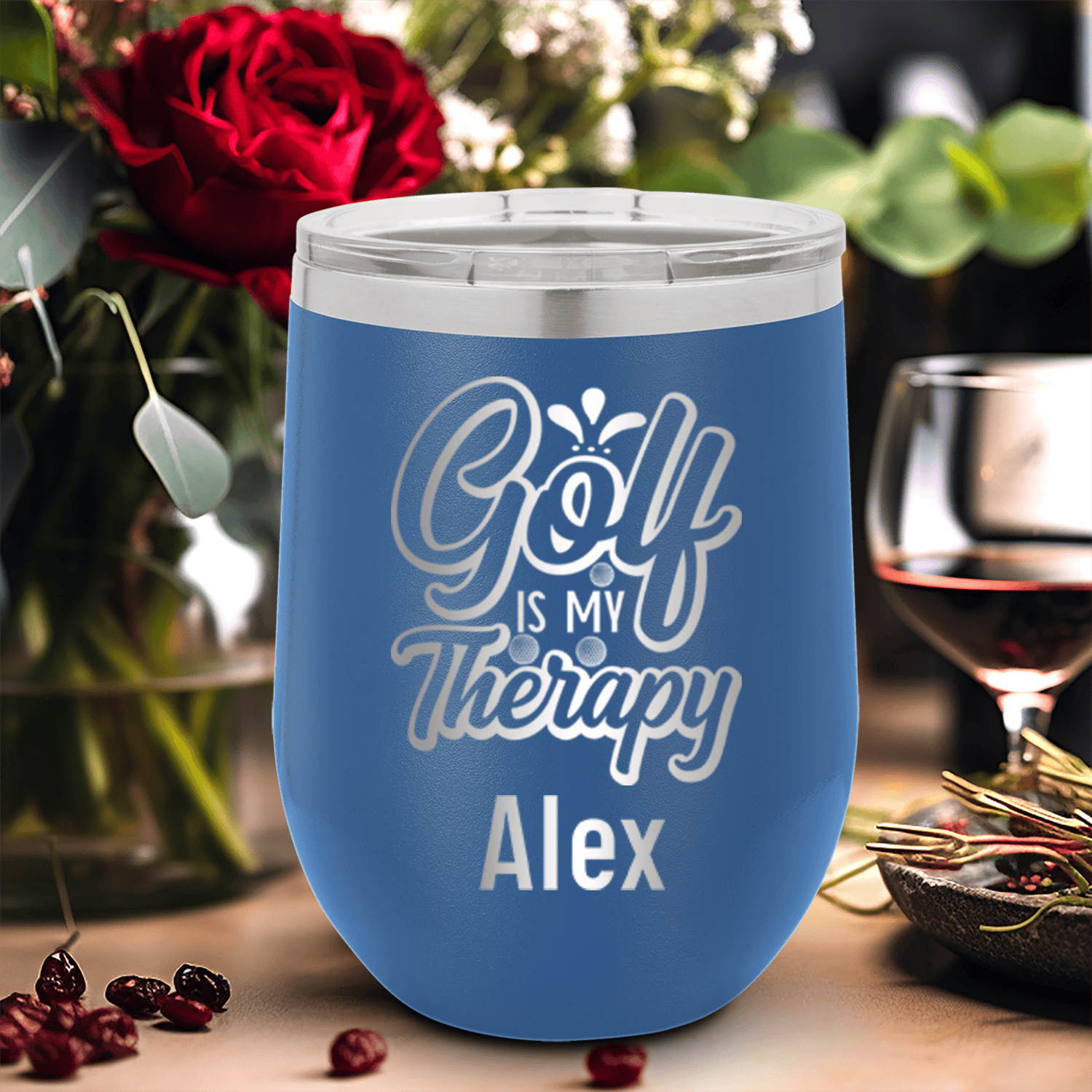 Blue Golf Gifts For Her Wine Tumbler With I Golf For Therapy Design