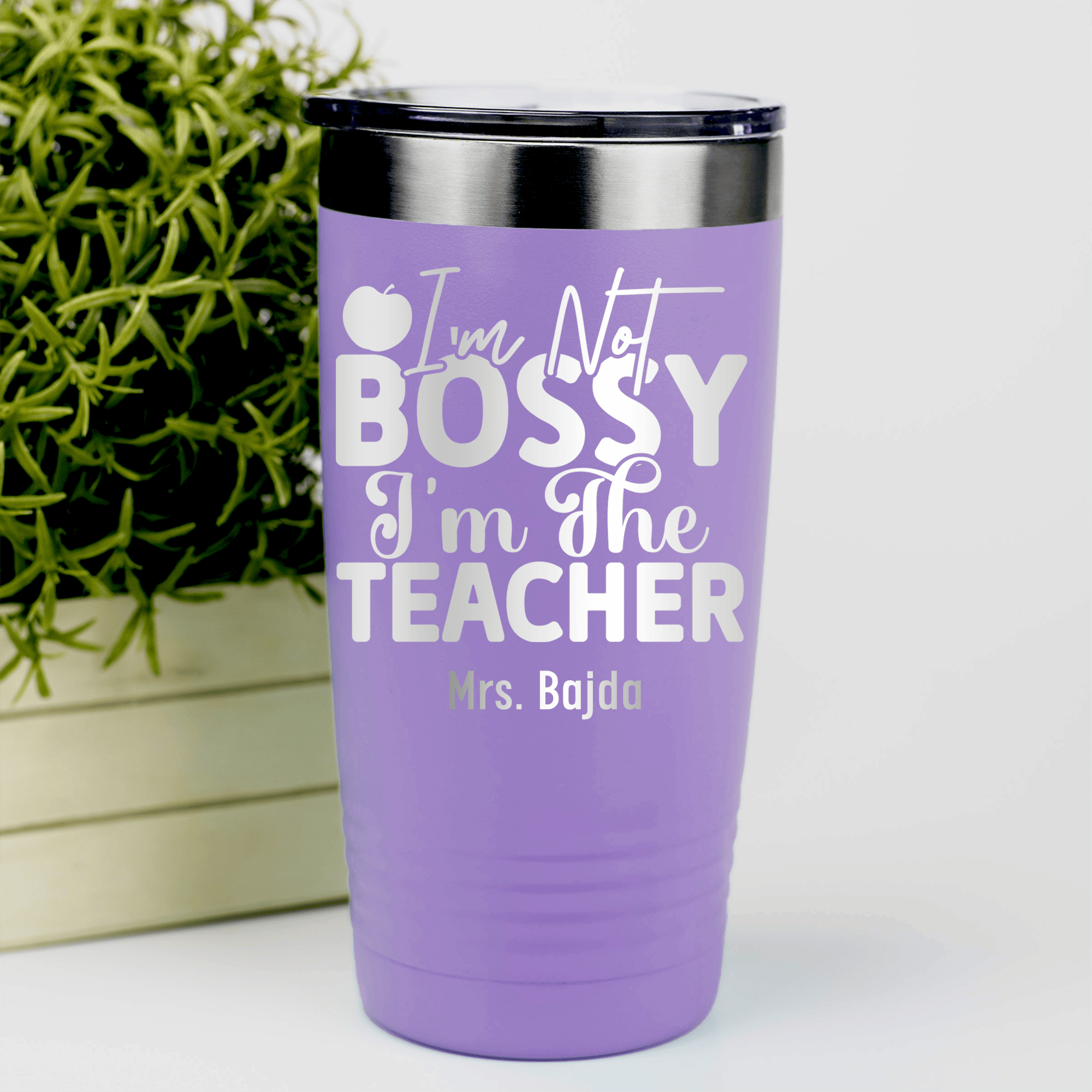 Light Purple Teacher Tumbler With Im Not Bossy Design