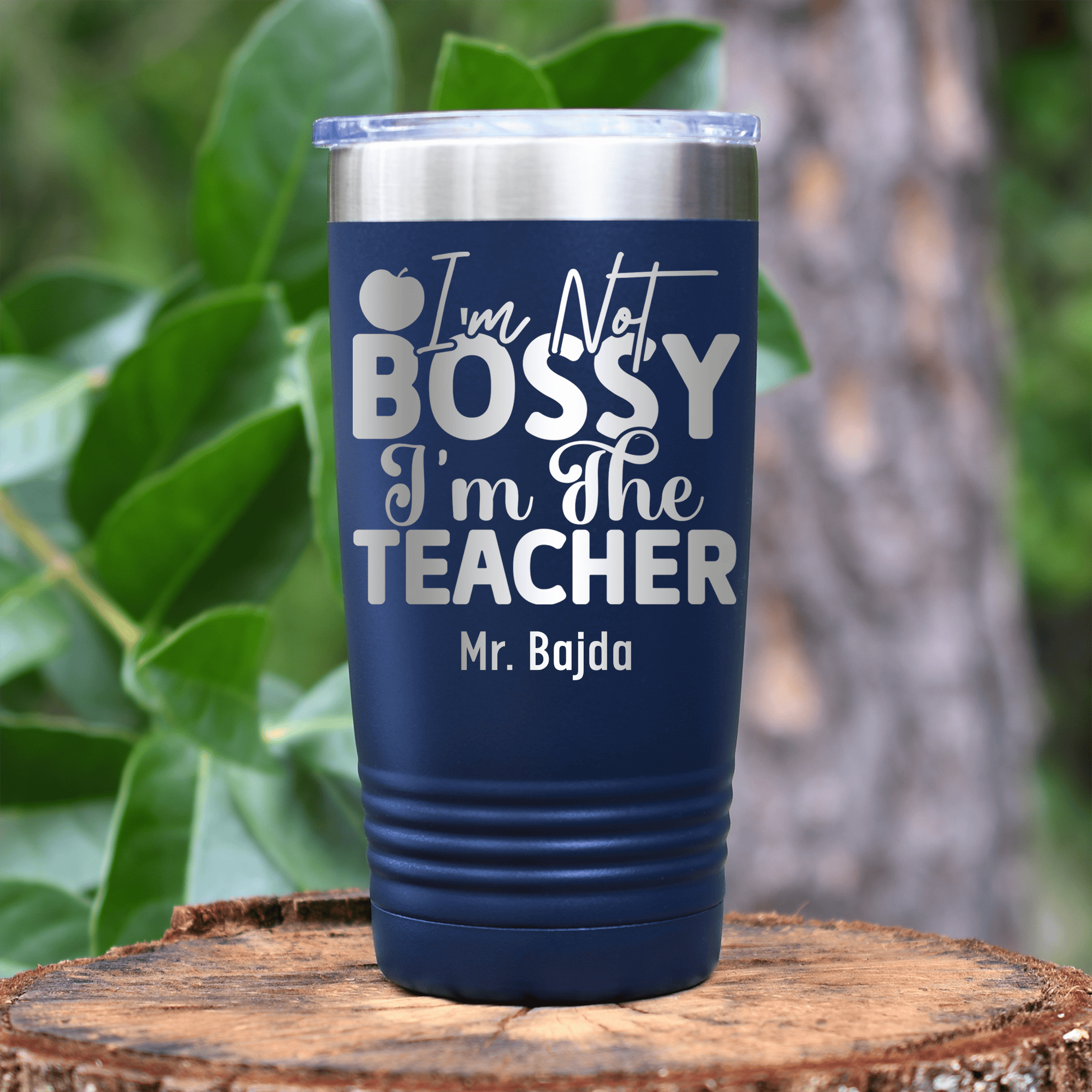 Navy Teacher Tumbler With Im Not Bossy Design