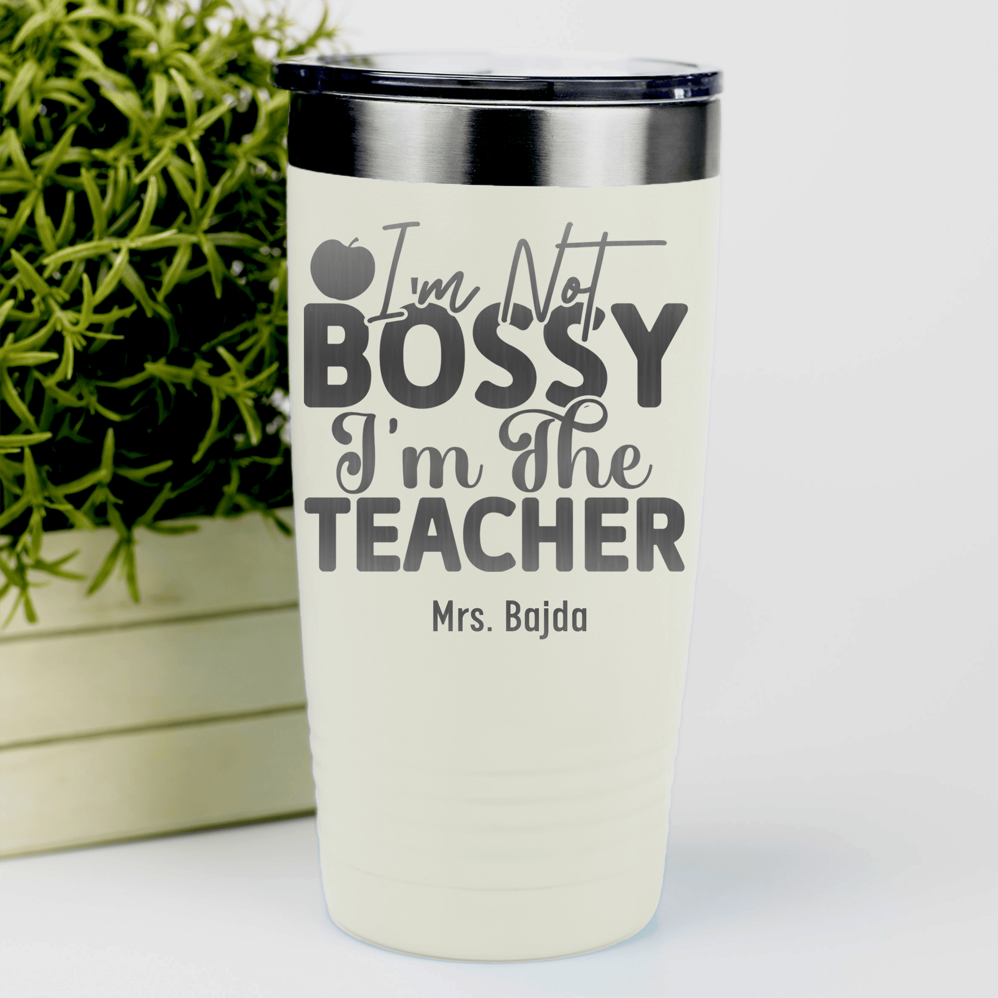 White Teacher Tumbler With Im Not Bossy Design