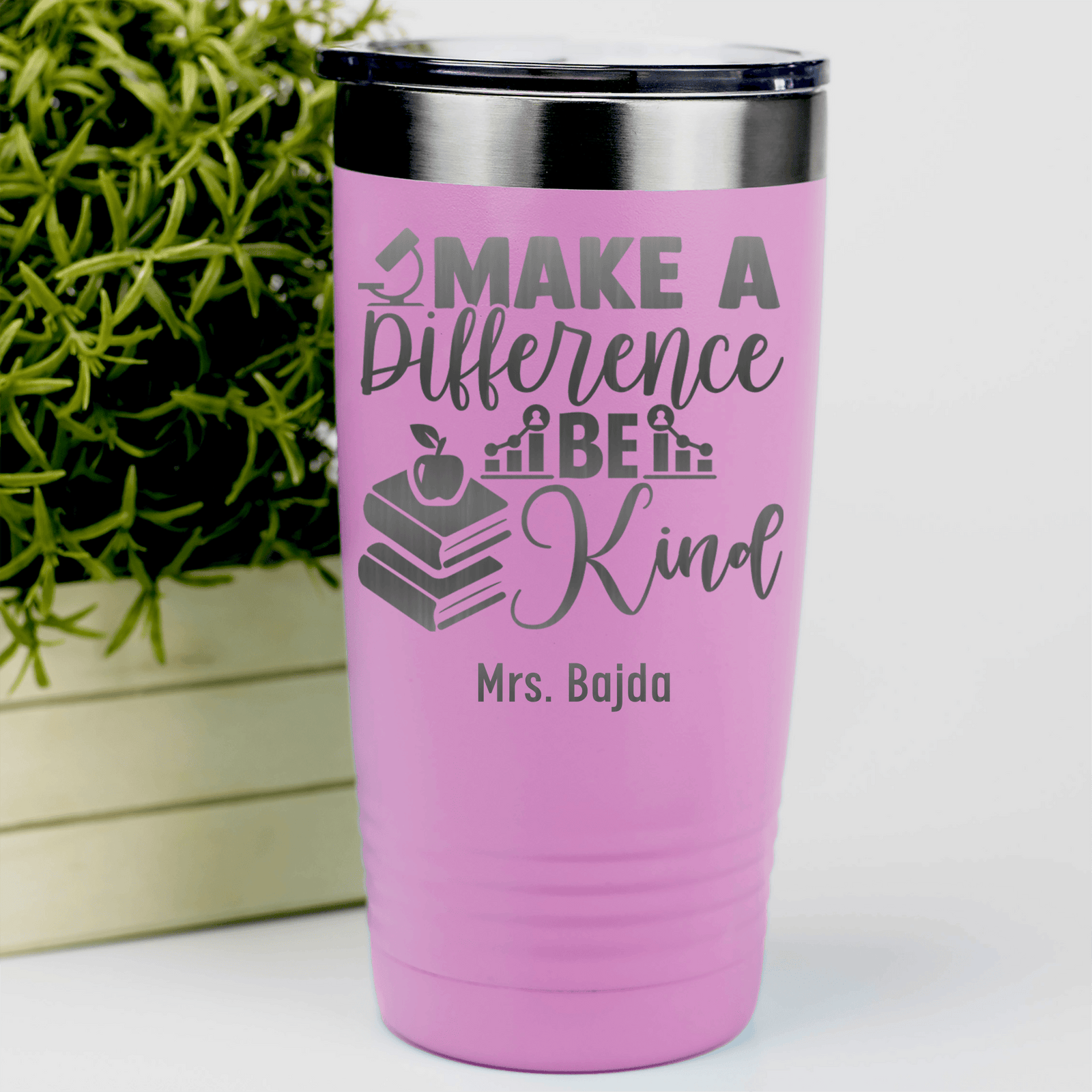 Pink Teacher Tumbler With Make A Difference Be Kind Design