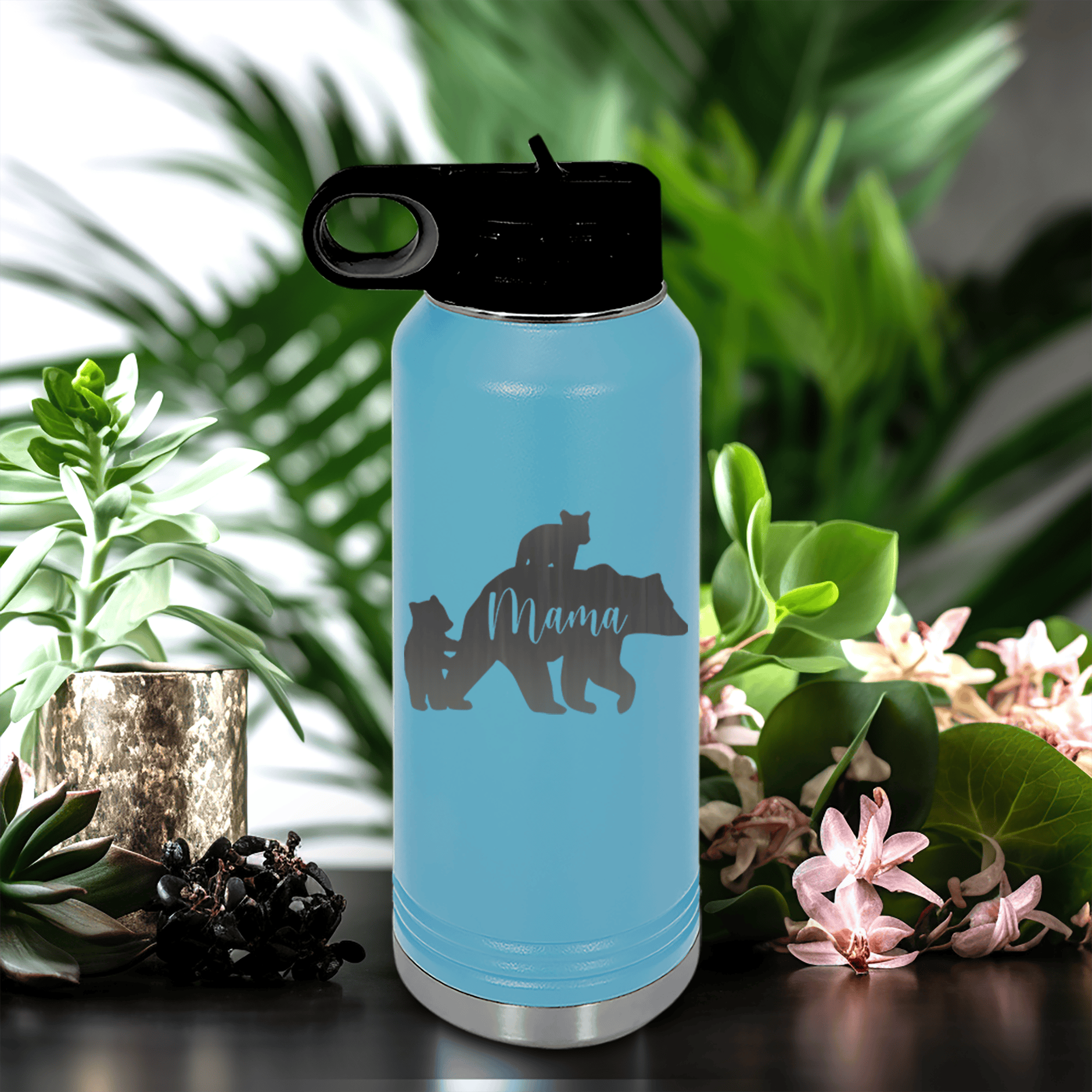 Light Blue Mothers Day Water Bottle With Mama Bear Design