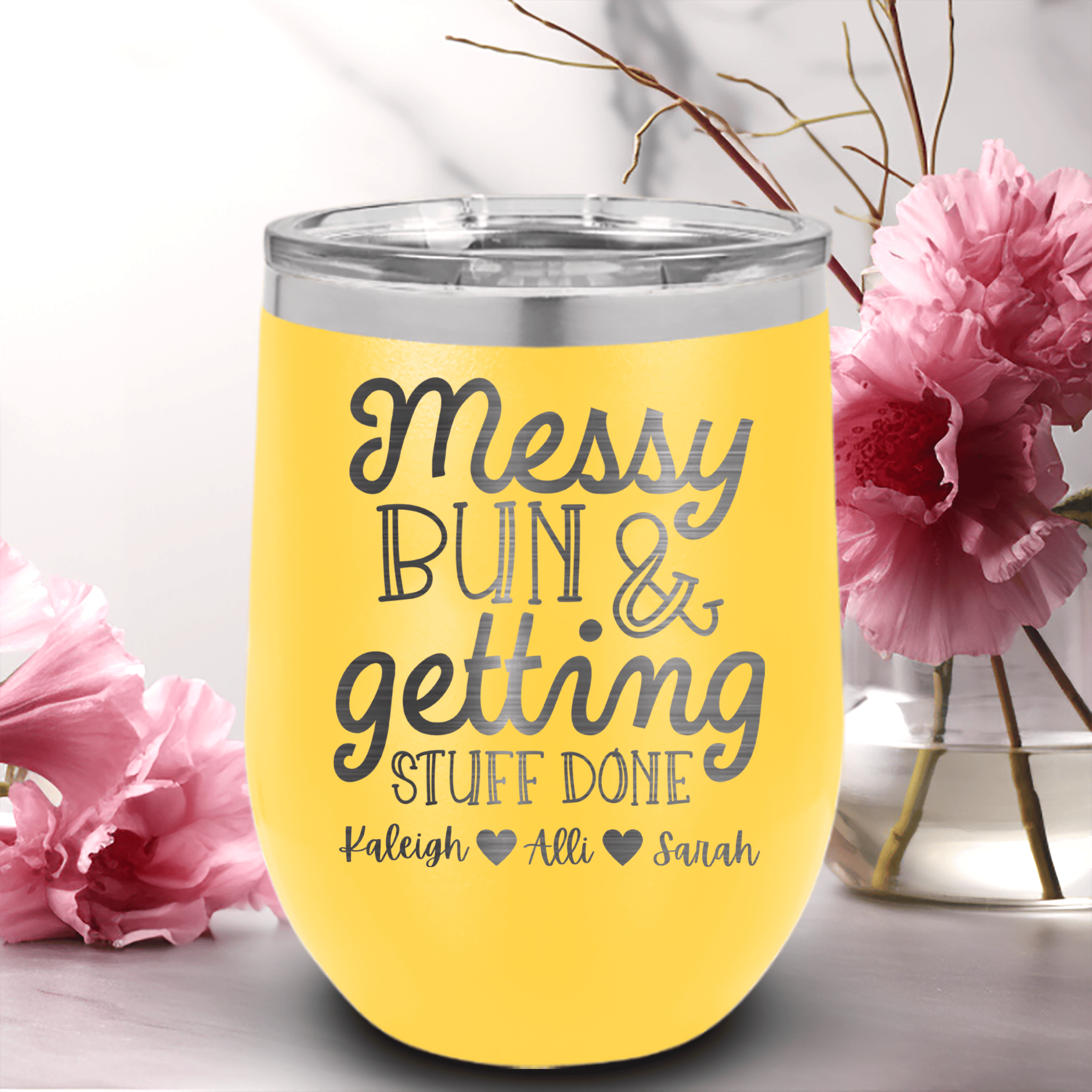 Yellow Mothers Day Wine Tumbler With Messy Buns Get It Done Design