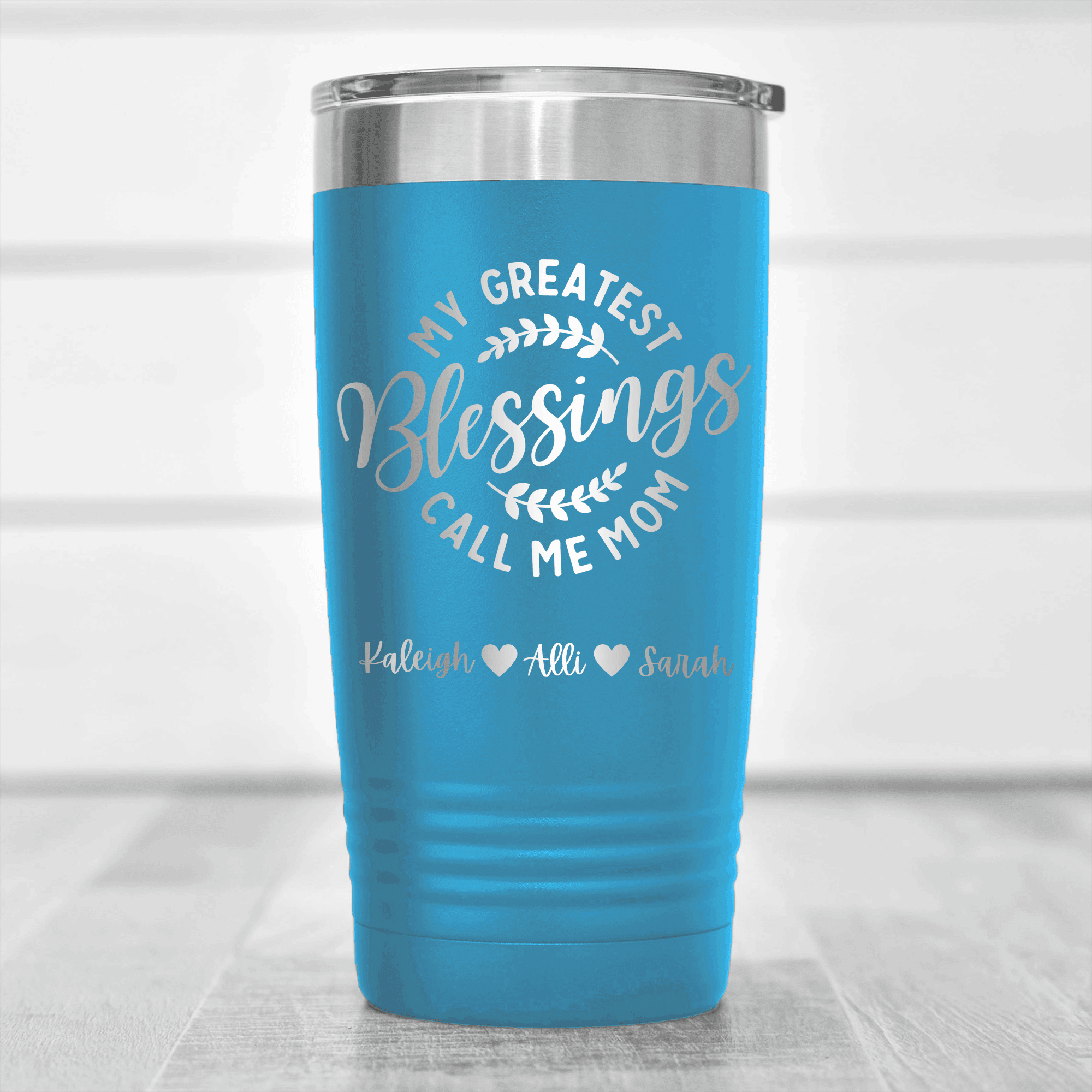 Light Blue Mothers Day Tumbler With Moms Greatest Blessings Design