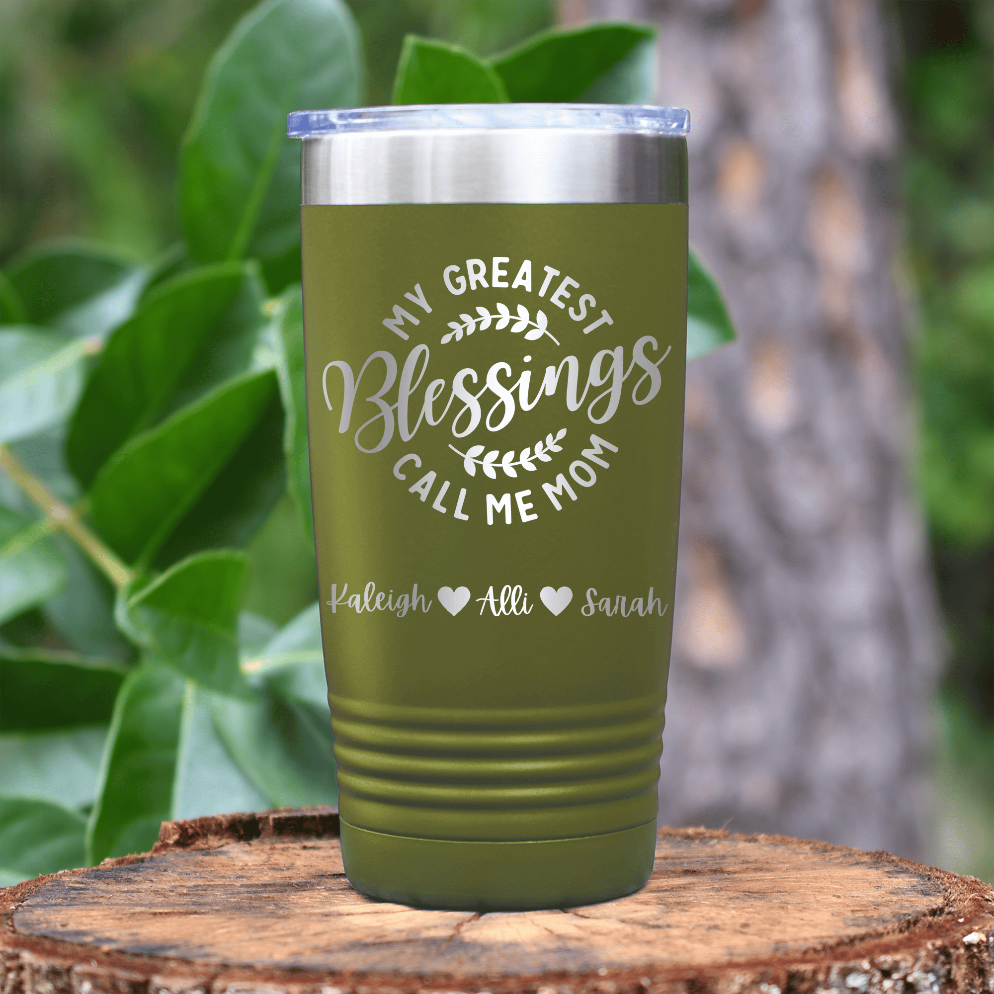 Military Green Mothers Day Tumbler With Moms Greatest Blessings Design