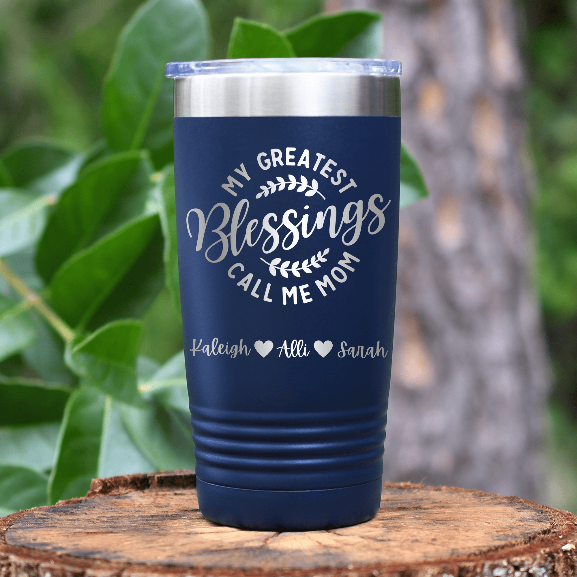 Navy Mothers Day Tumbler With Moms Greatest Blessings Design