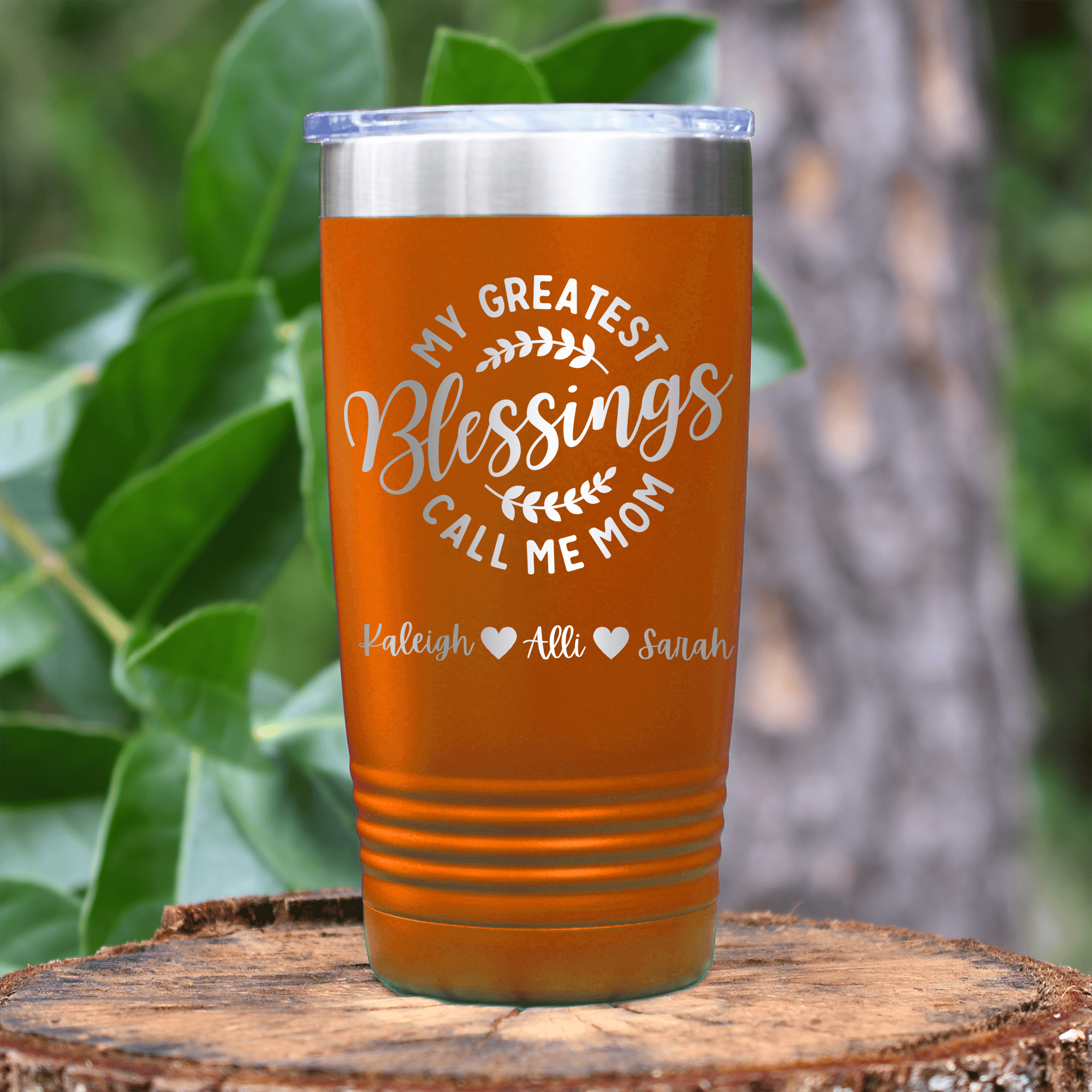 Orange Mothers Day Tumbler With Moms Greatest Blessings Design