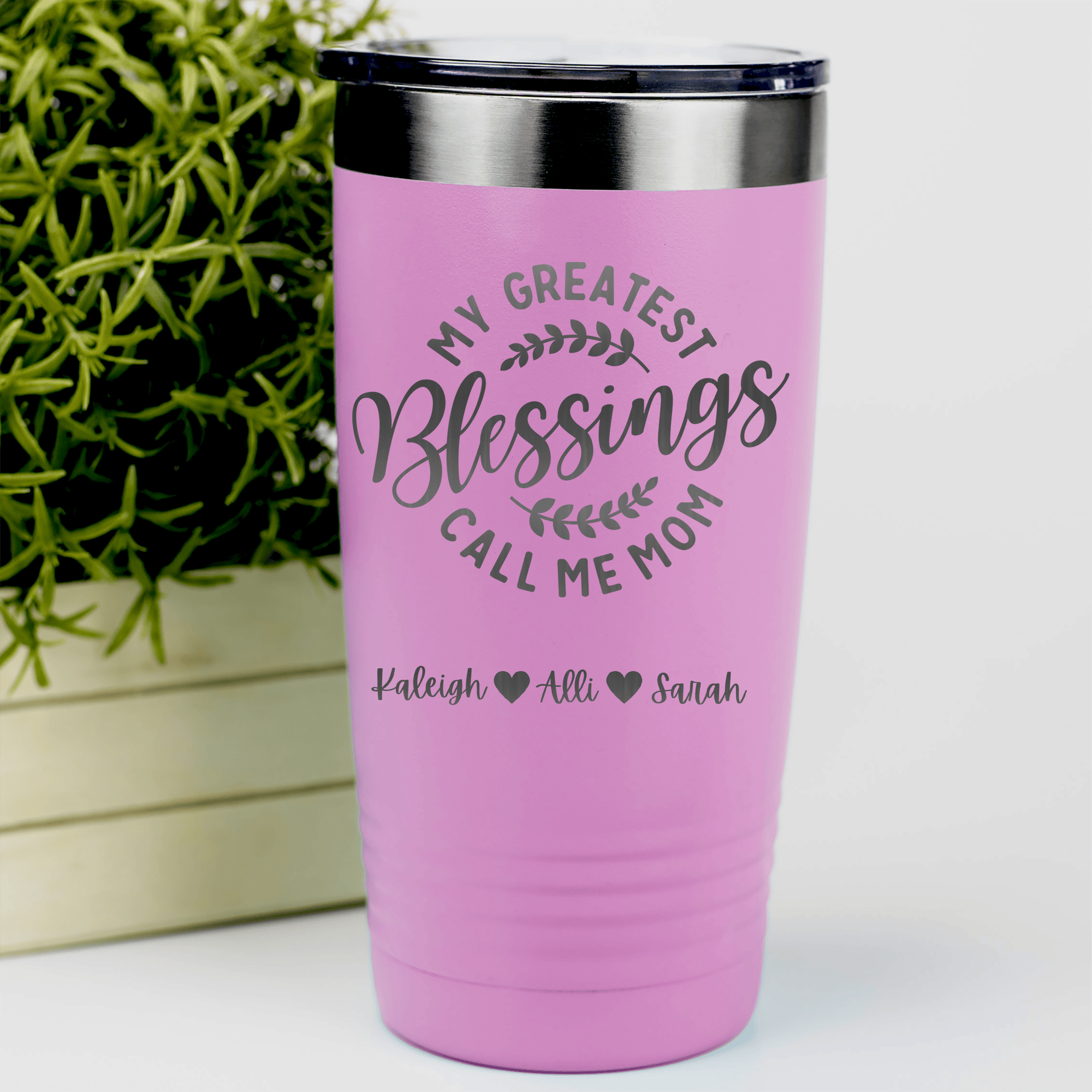 Pink Mothers Day Tumbler With Moms Greatest Blessings Design