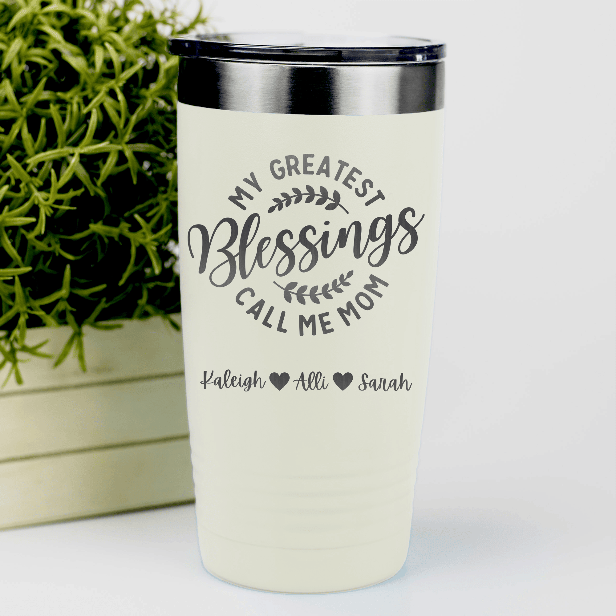 White Mothers Day Tumbler With Moms Greatest Blessings Design