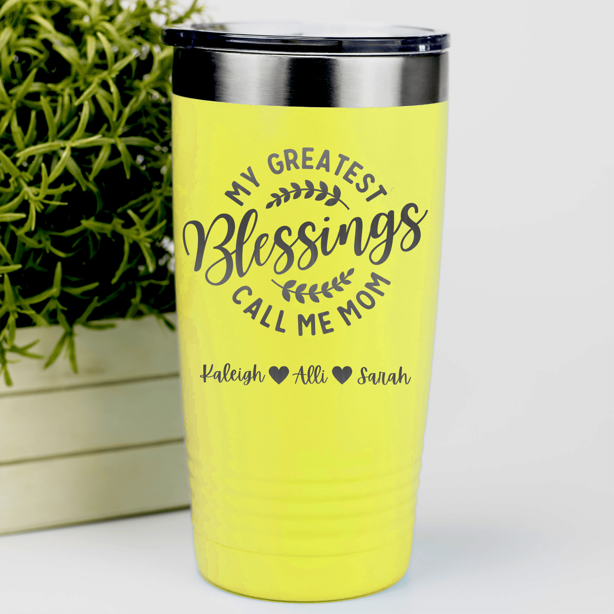 Yellow Mothers Day Tumbler With Moms Greatest Blessings Design