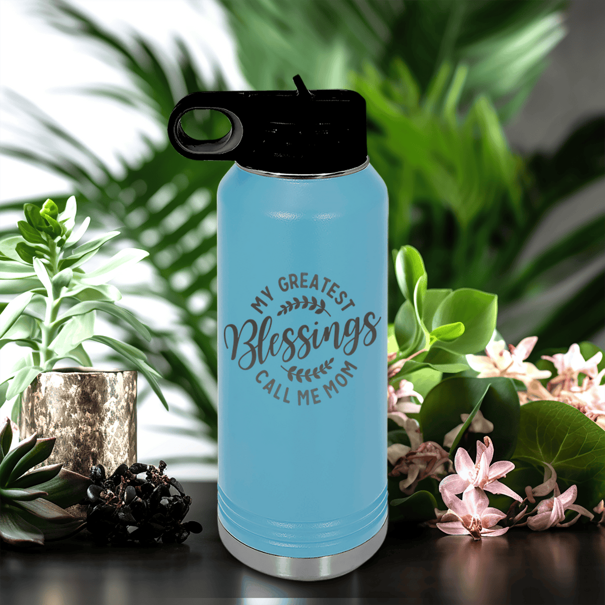 Light Blue Mothers Day Water Bottle With Moms Greatest Blessings Design